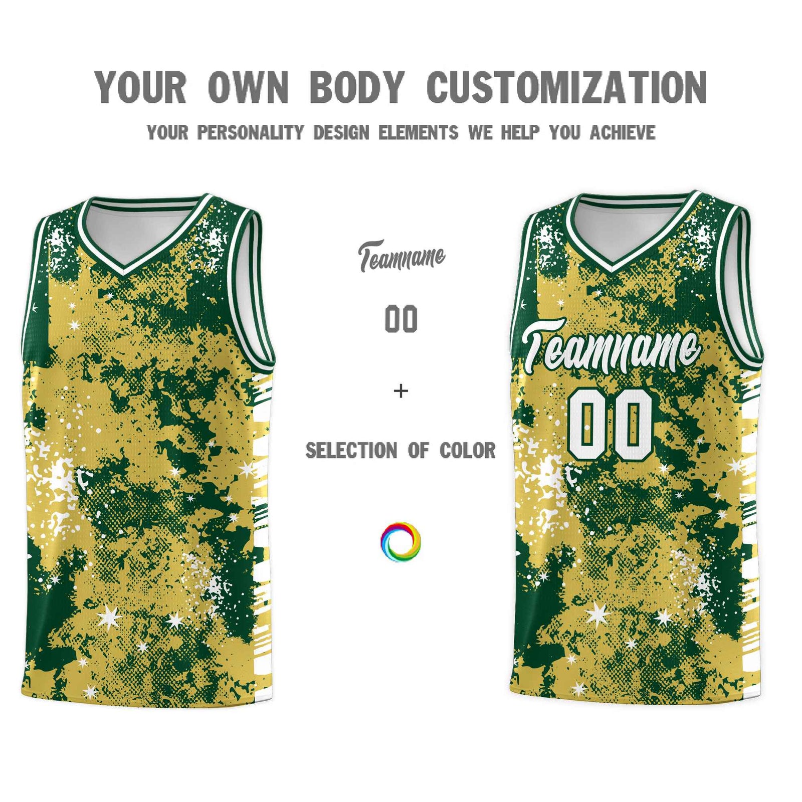 Custom Old Gold Kelly Green Vice Burst Galactic Graffiti Moisture-Wicking Basketball Jersey