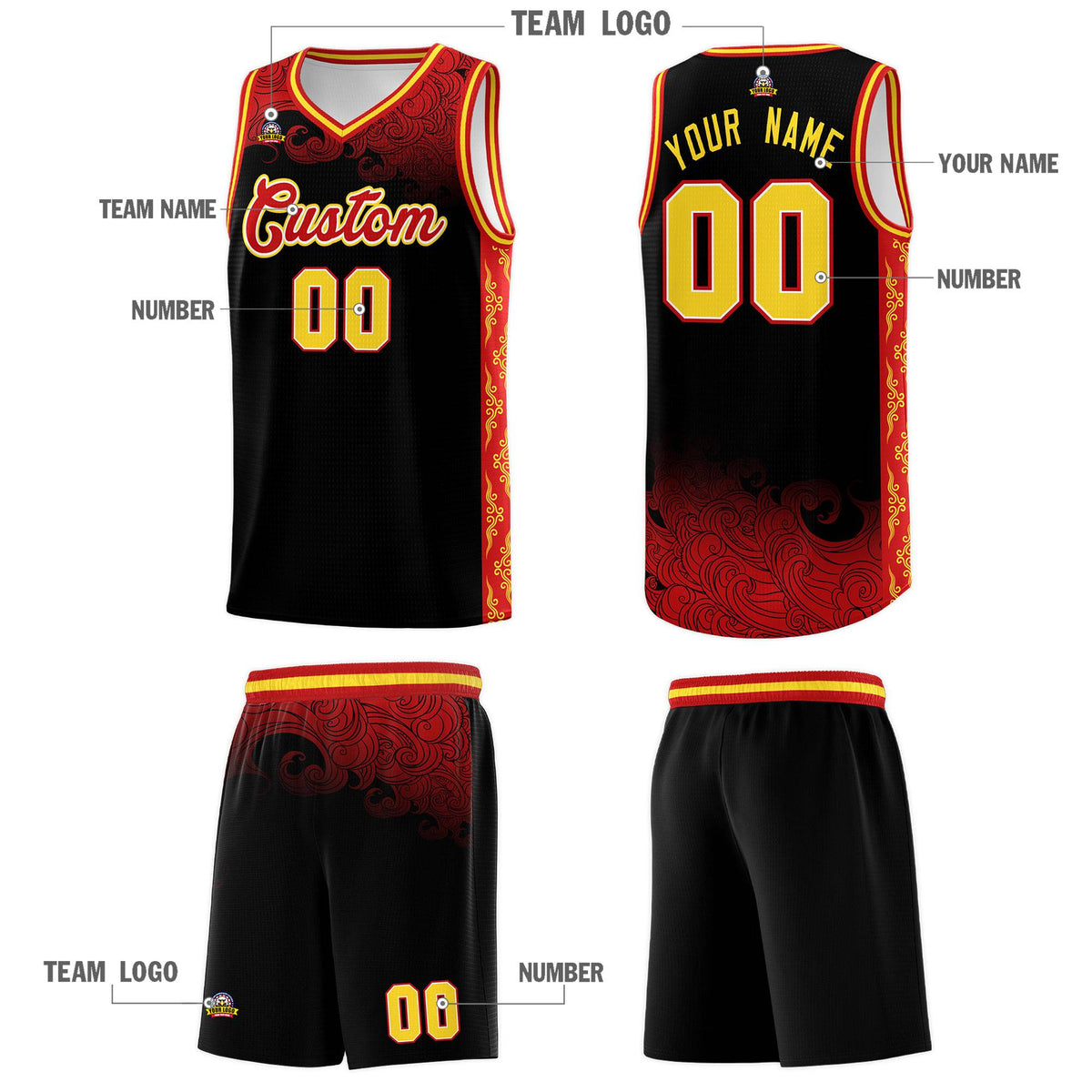 Custom Black Personalized Cloud Pattern Sports Sets Uniform Basketball Jersey