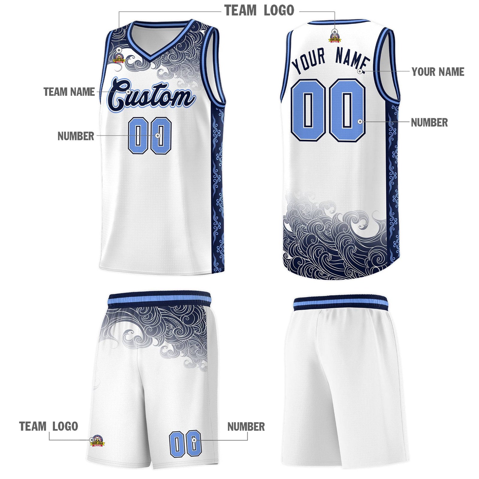 Custom White Personalized Cloud Pattern Sports Sets Uniform Basketball Jersey