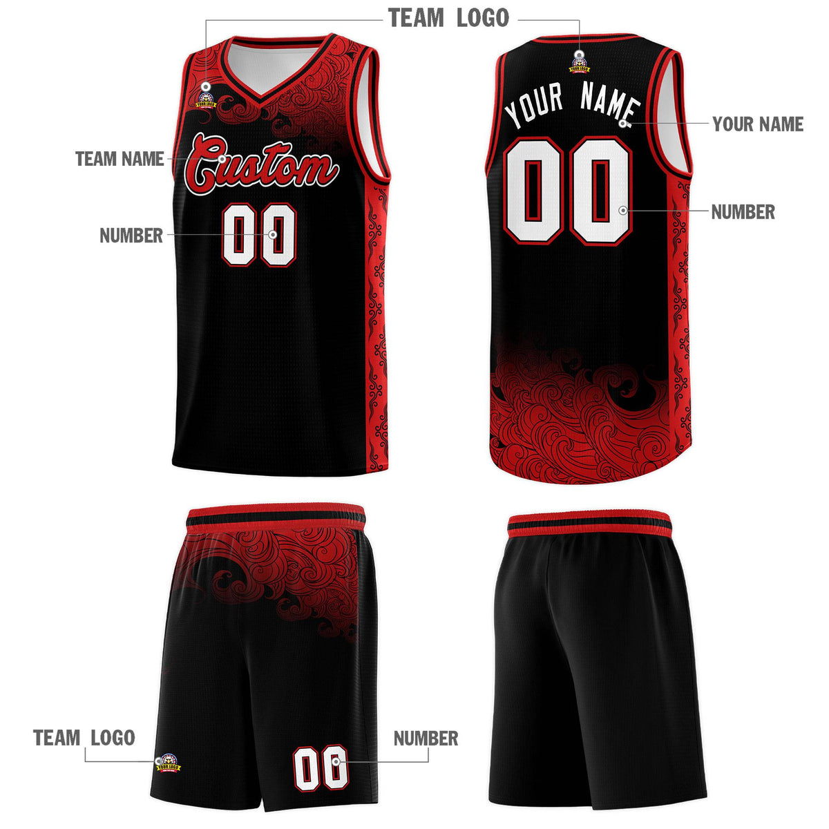 Custom Black Personalized Cloud Pattern Sports Sets Uniform Basketball Jersey