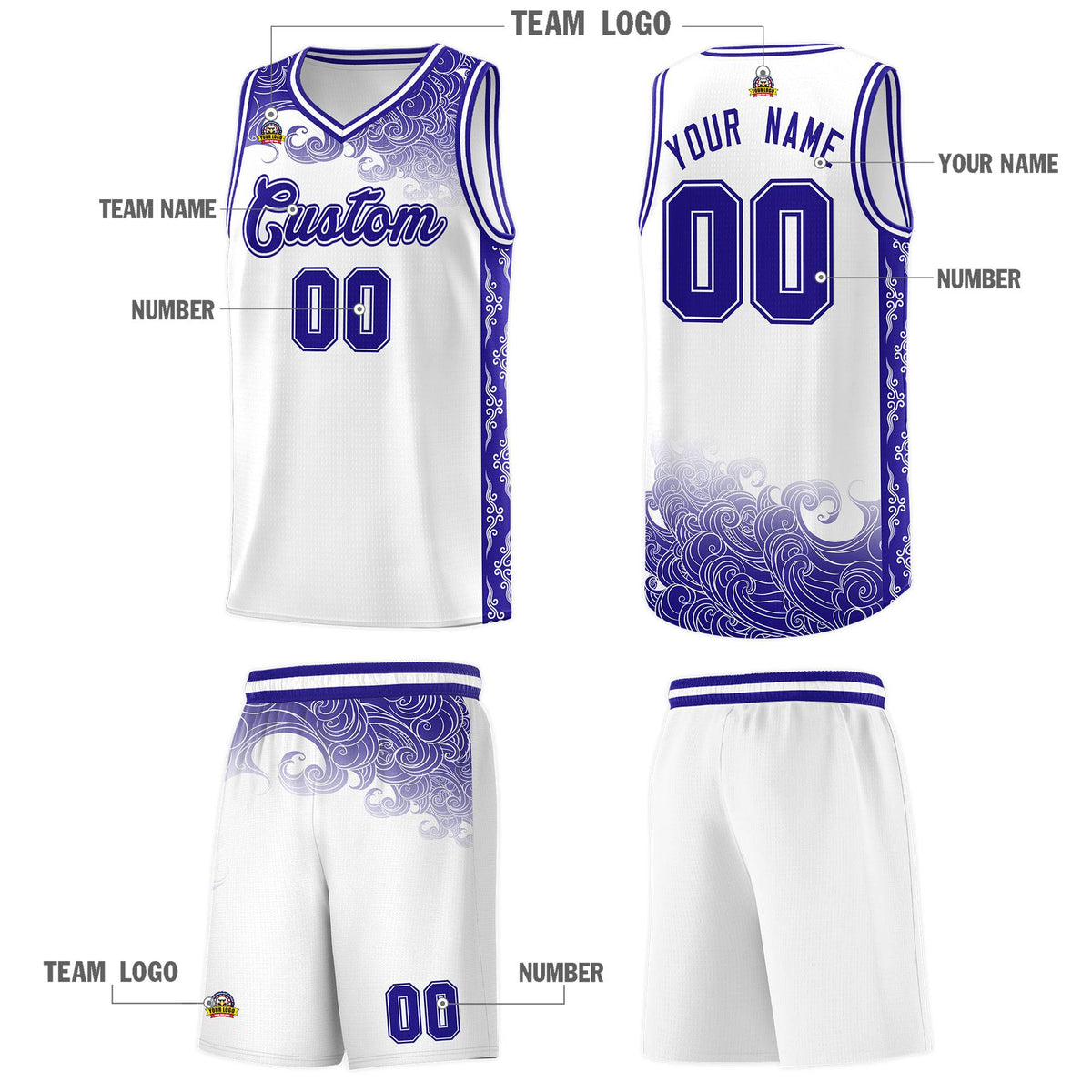 Custom White Personalized Cloud Pattern Sports Sets Uniform Basketball Jersey