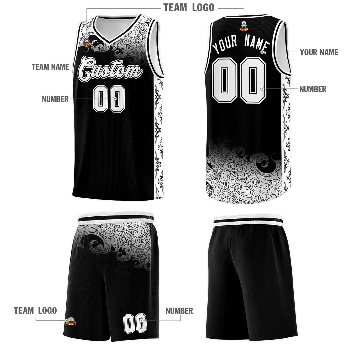 Custom Black Personalized Cloud Pattern Sports Sets Uniform Basketball Jersey