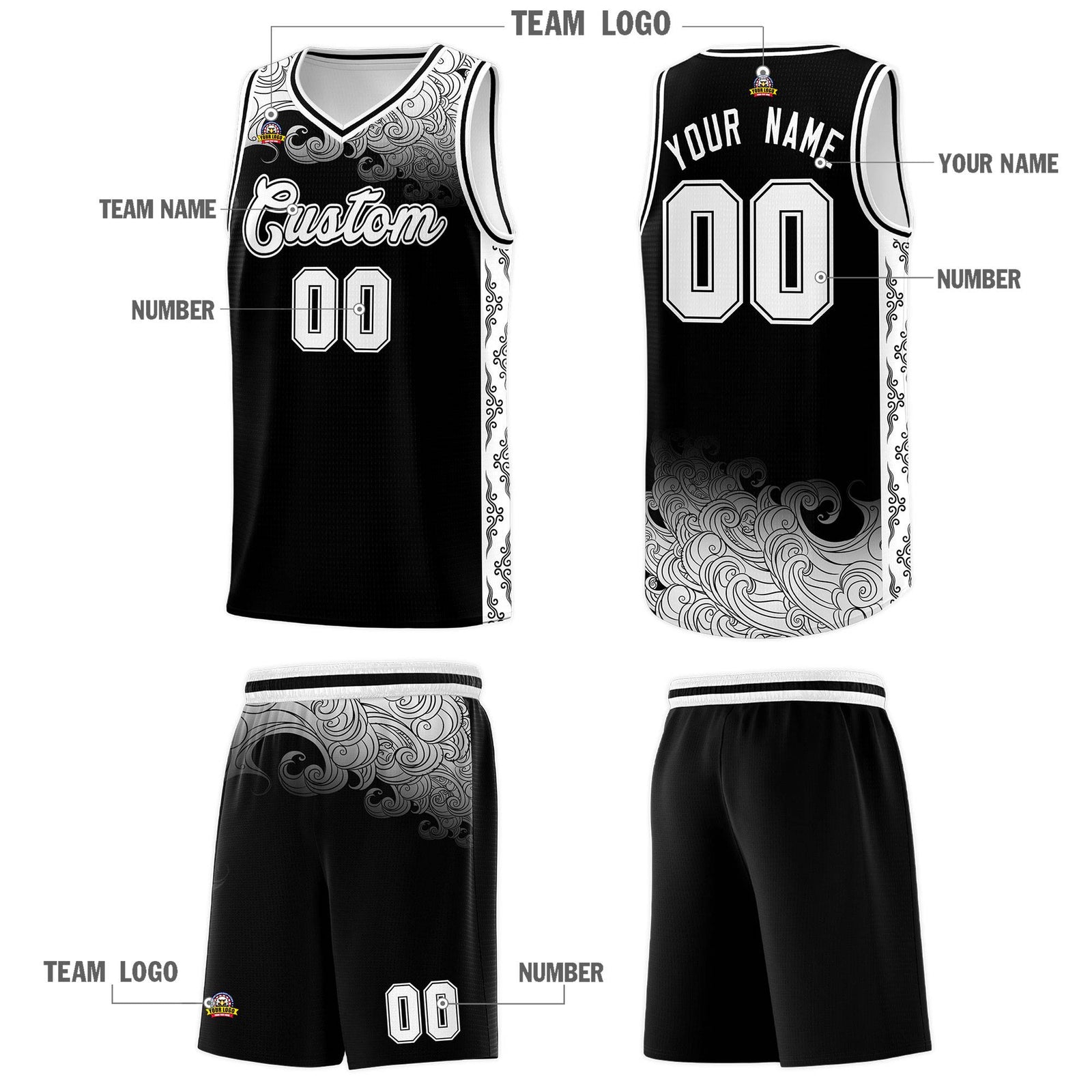 Custom Black Personalized Cloud Pattern Sports Sets Uniform Basketball Jersey
