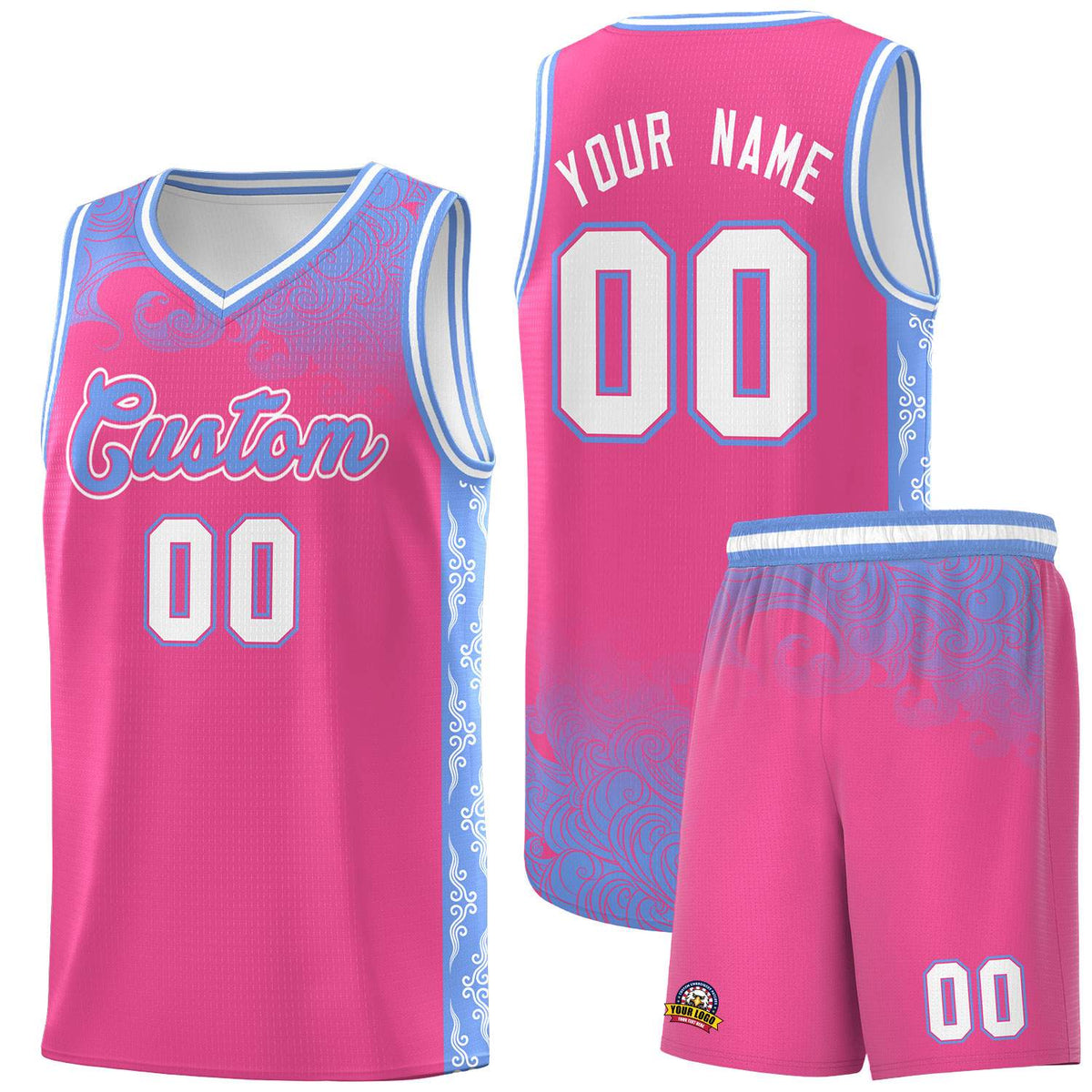 Custom Pink Personalized Cloud Pattern Sports Sets Uniform Basketball Jersey