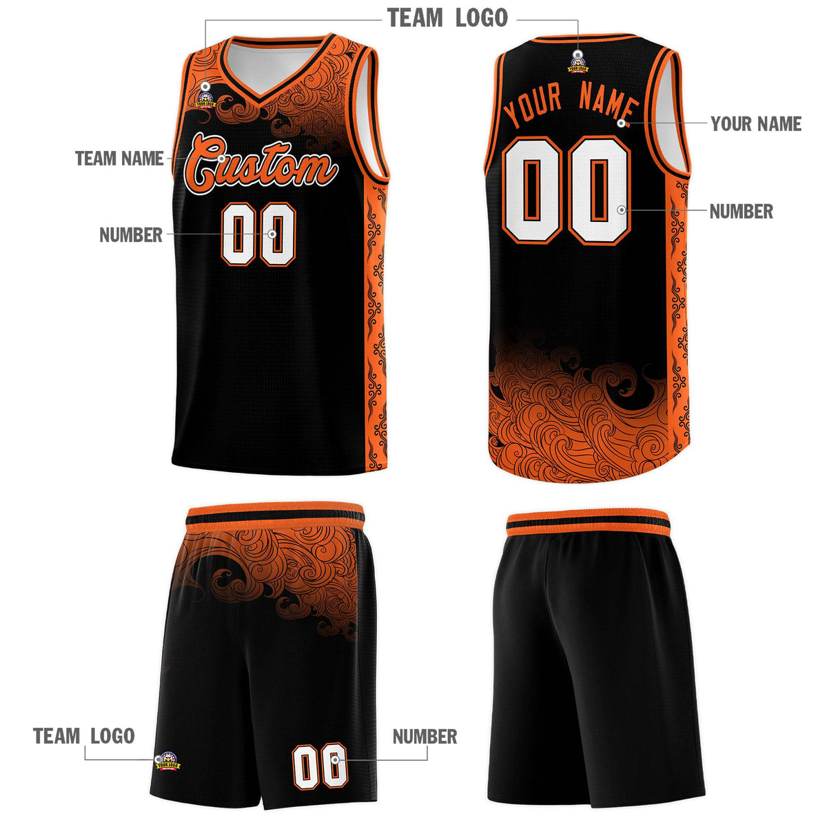 Custom Black Personalized Cloud Pattern Sports Sets Uniform Basketball Jersey