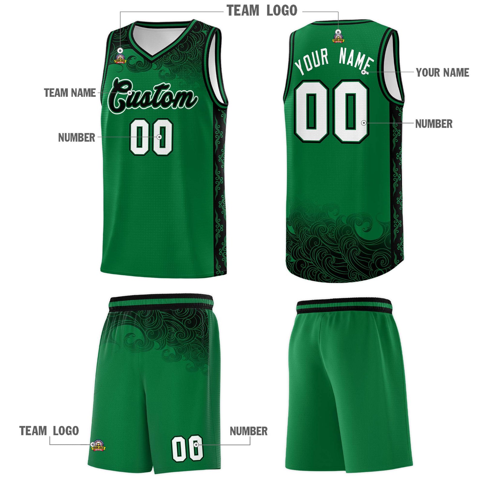 Custom Kelly Green Personalized Cloud Pattern Sports Sets Uniform Basketball Jersey