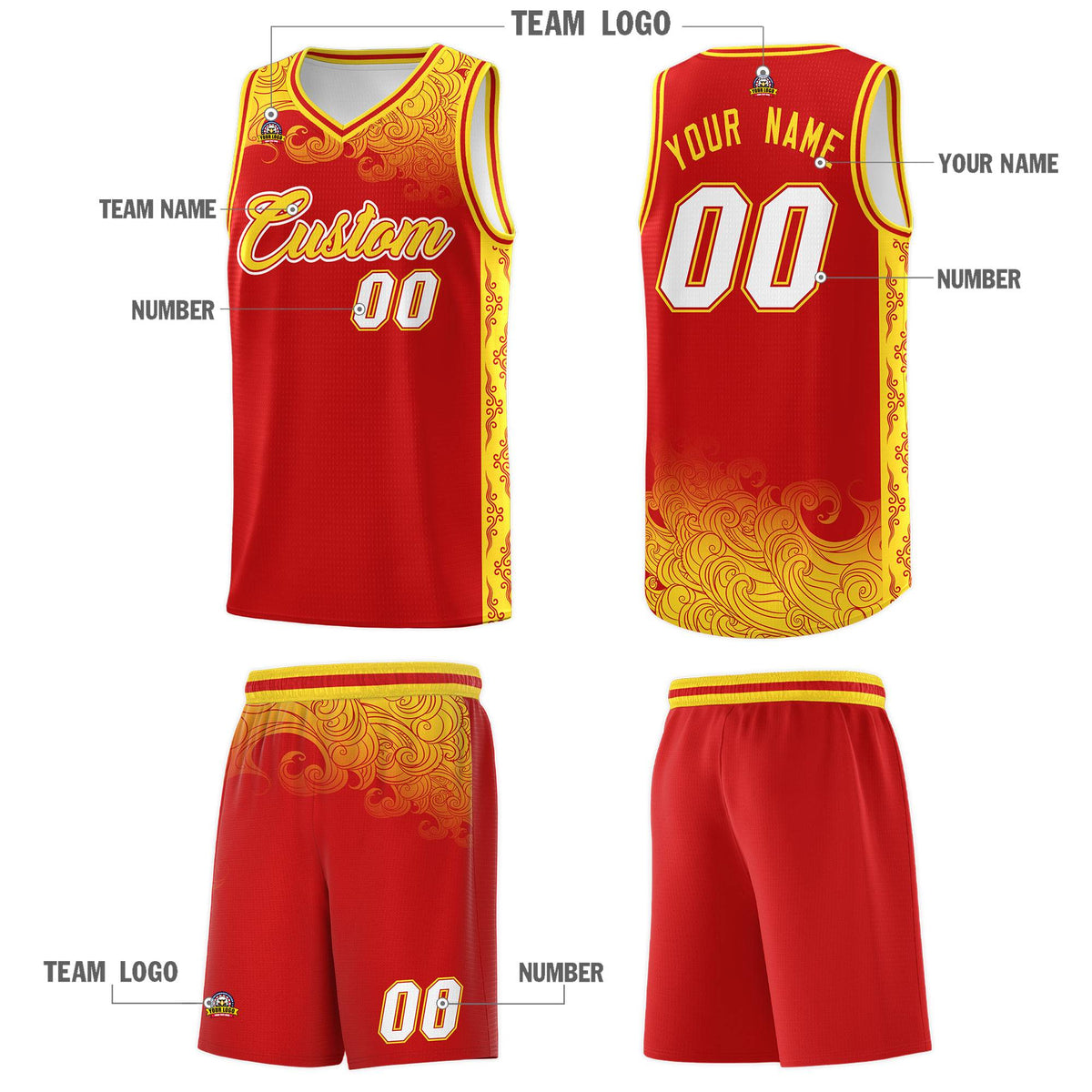 Custom Red Personalized Cloud Pattern Sports Sets Uniform Basketball Jersey