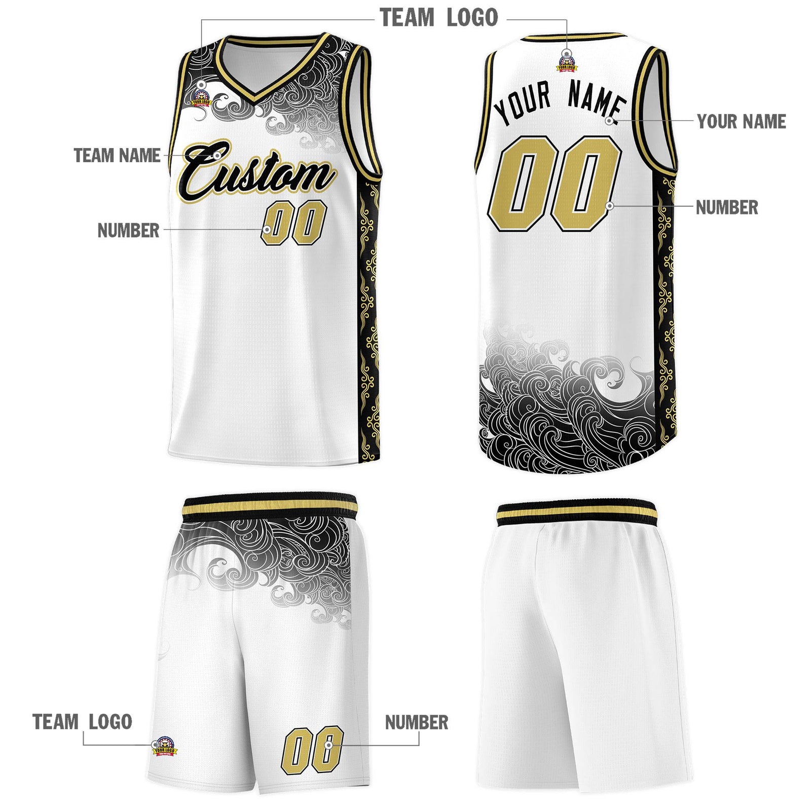 Custom White Personalized Cloud Pattern Sports Sets Uniform Basketball Jersey