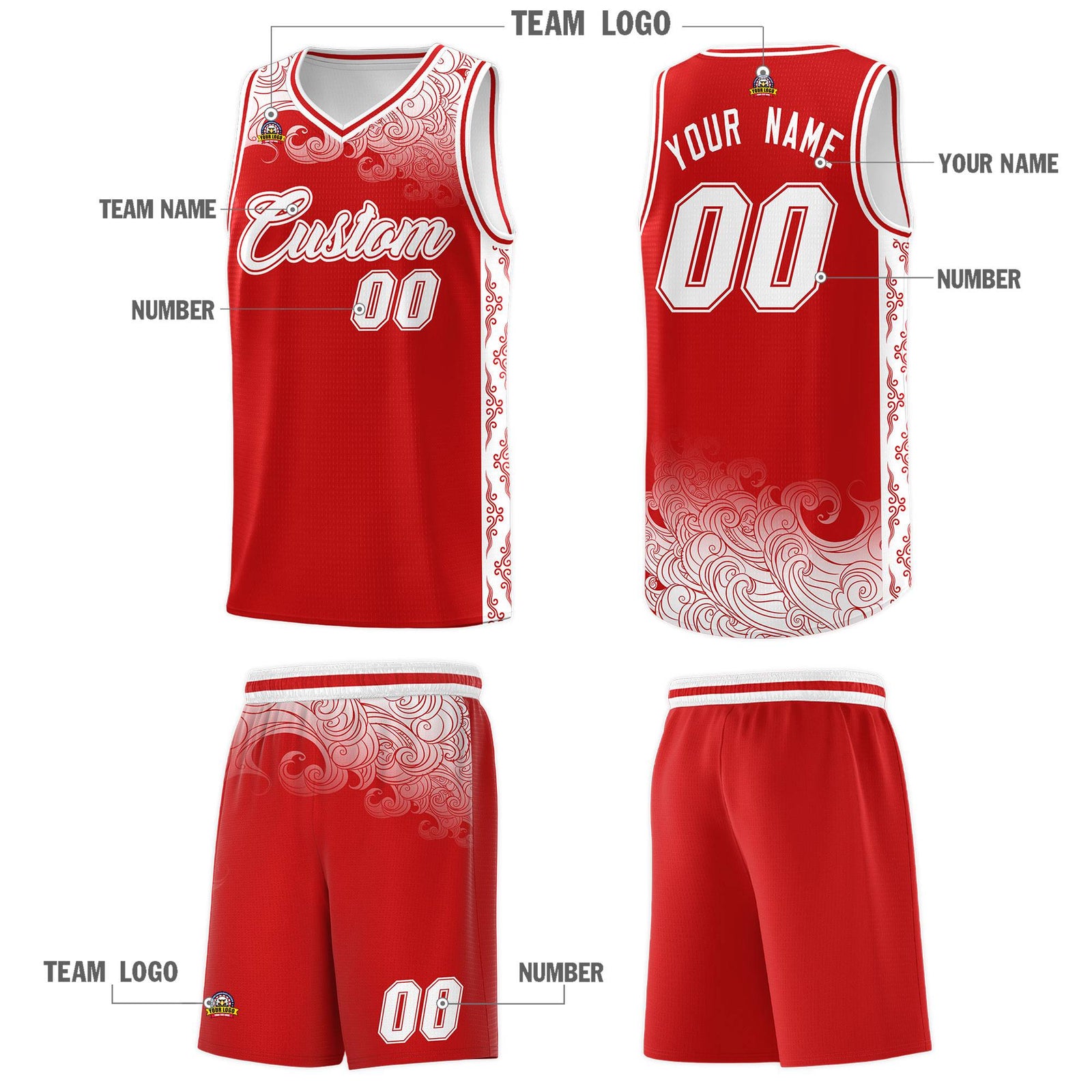 Custom Red Personalized Cloud Pattern Sports Sets Uniform Basketball Jersey