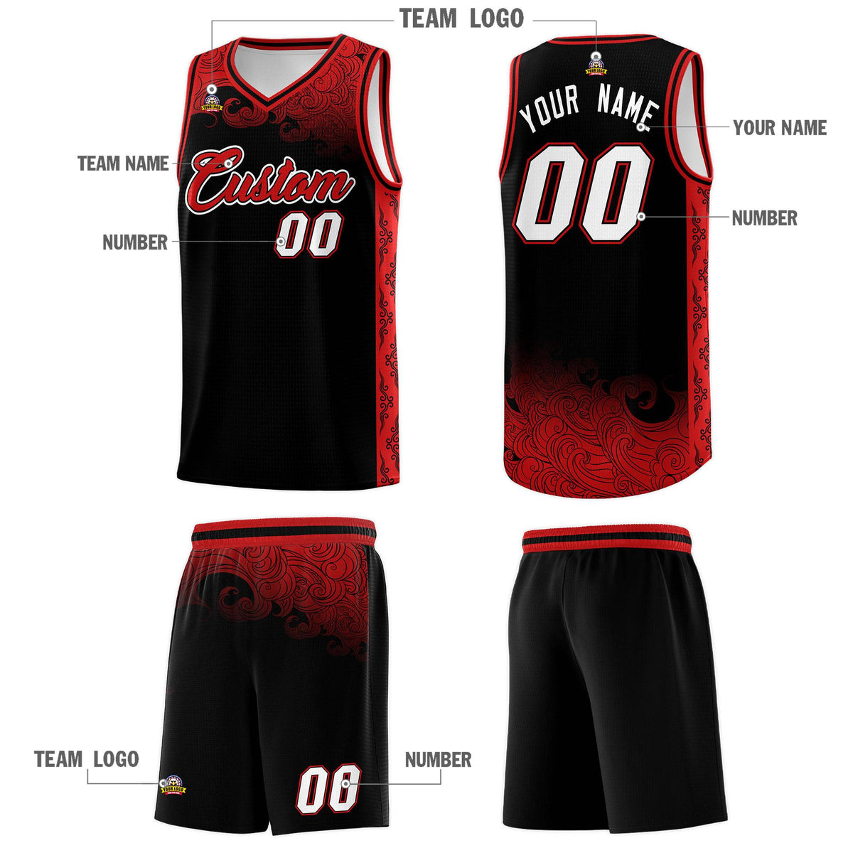 Custom Black Personalized Cloud Pattern Sports Sets Uniform Basketball Jersey
