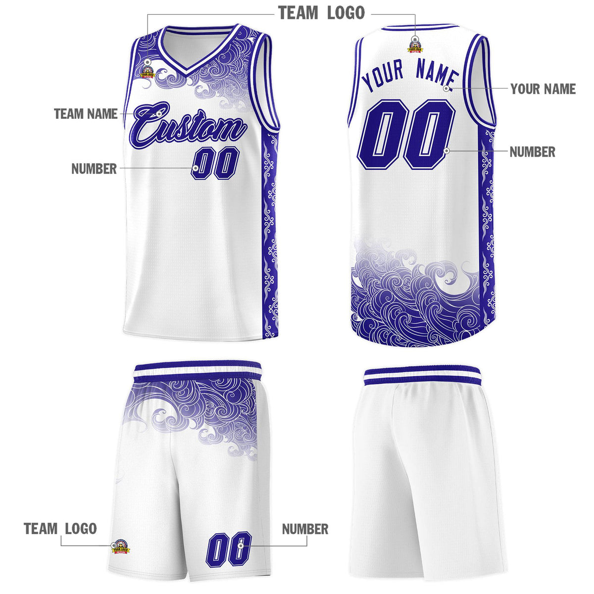 Custom White Personalized Cloud Pattern Sports Sets Uniform Basketball Jersey