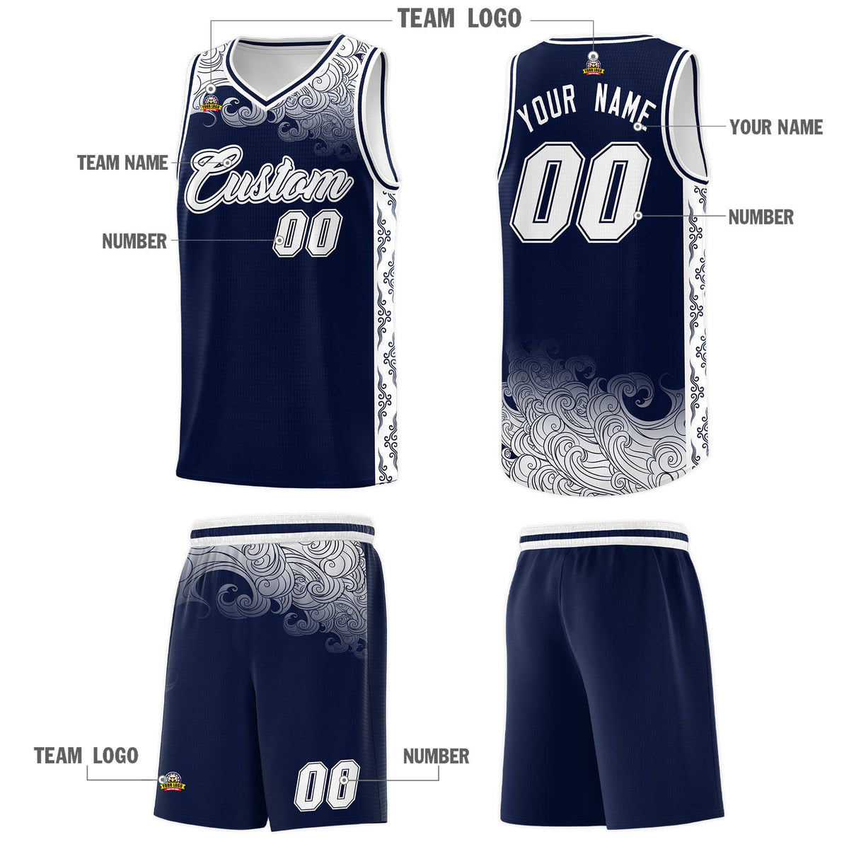 Custom Navy Personalized Cloud Pattern Sports Sets Uniform Basketball Jersey