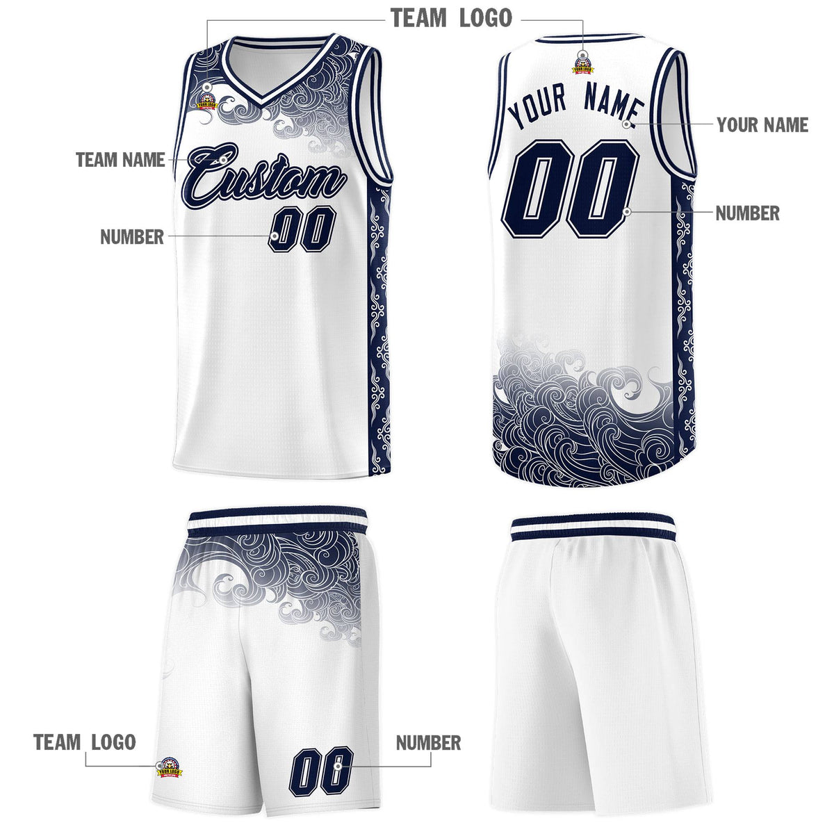 Custom White Personalized Cloud Pattern Sports Sets Uniform Basketball Jersey