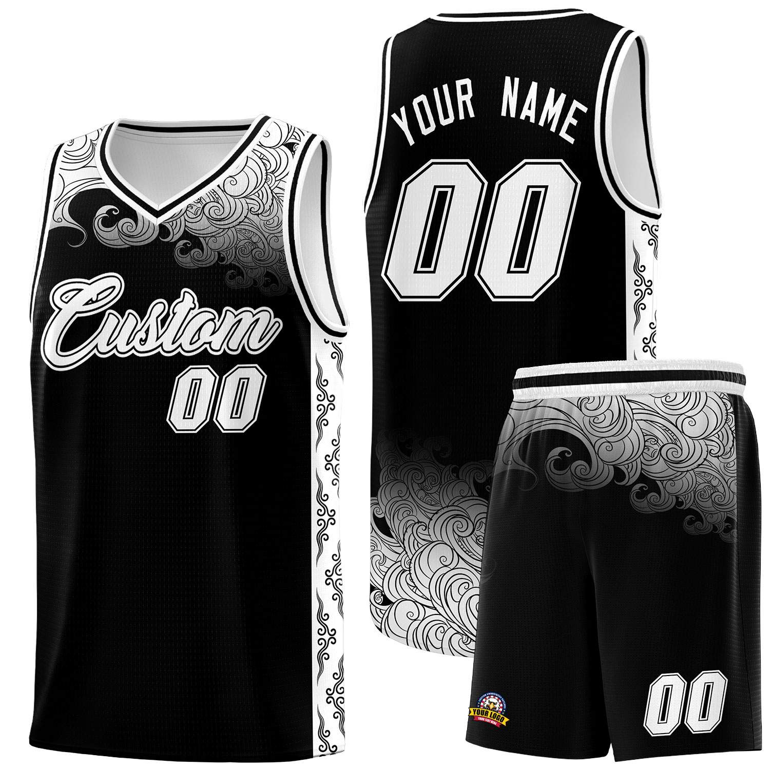Custom Black Personalized Cloud Pattern Sports Sets Uniform Basketball Jersey