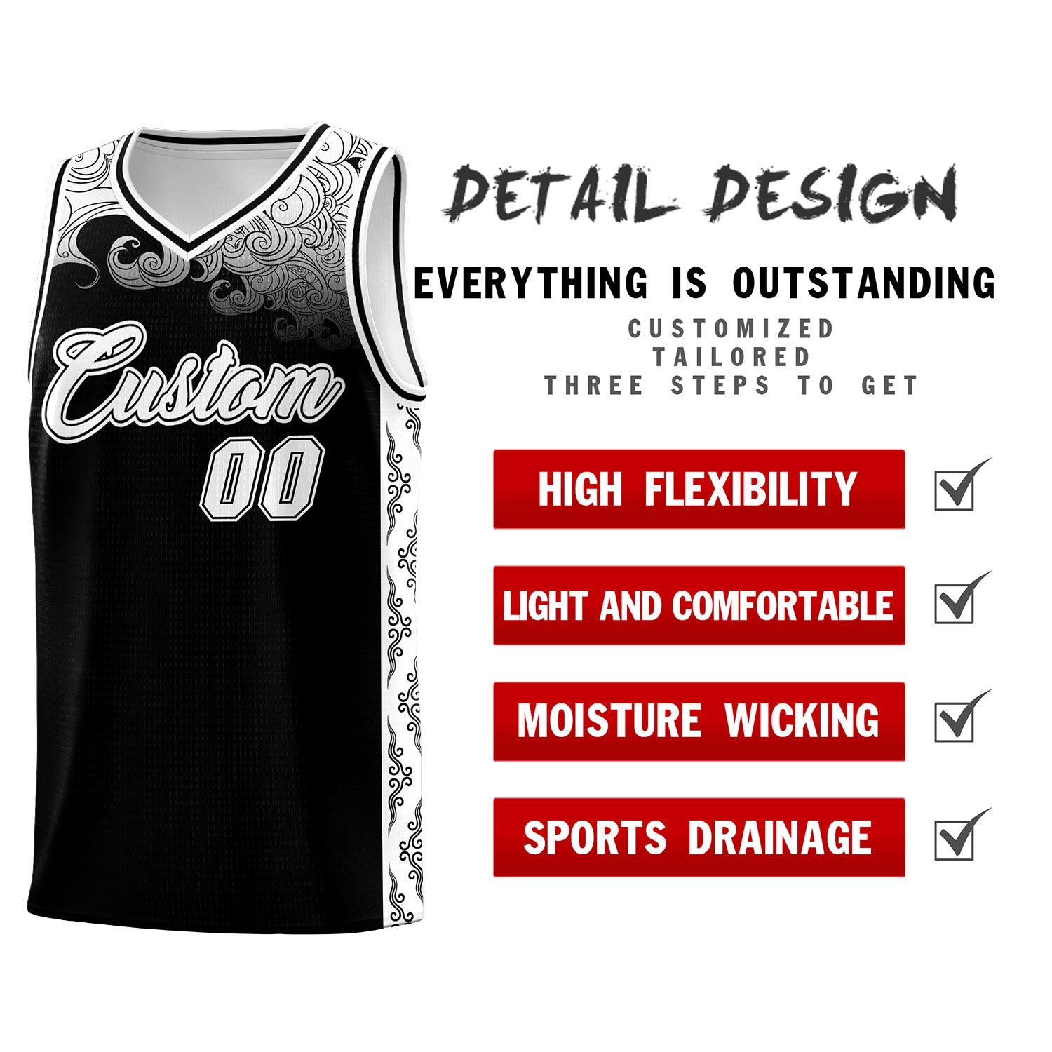 Custom Black Personalized Cloud Pattern Sports Sets Uniform Basketball Jersey