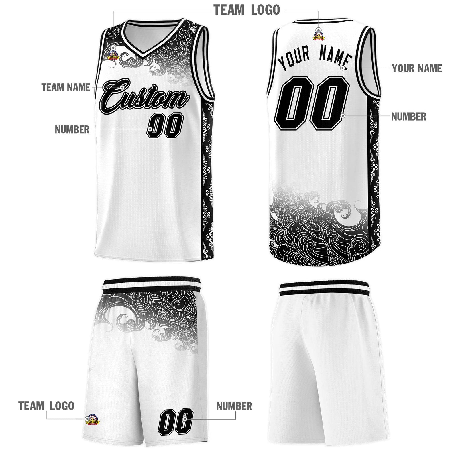Custom White Personalized Cloud Pattern Sports Sets Uniform Basketball Jersey