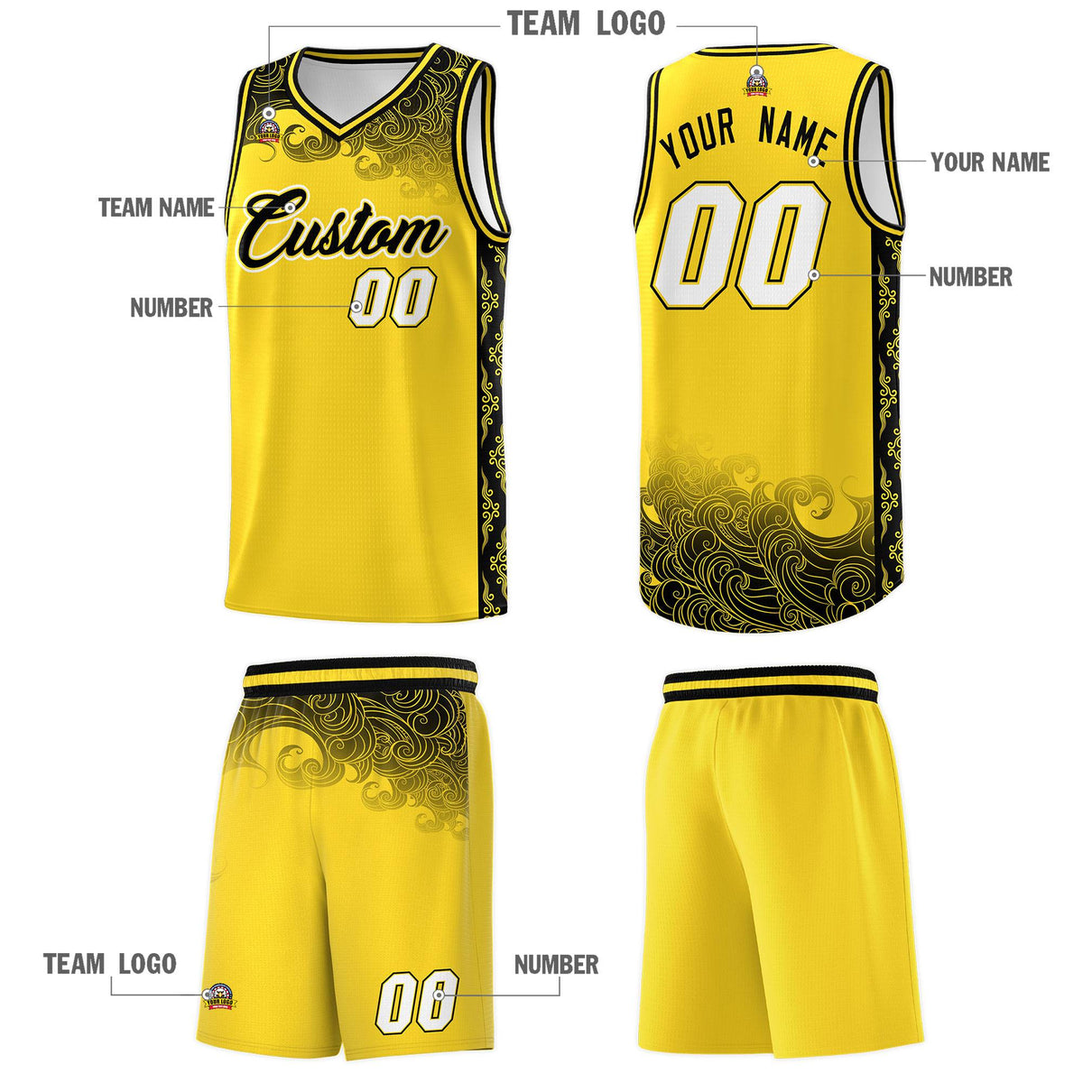 Custom Gold Personalized Cloud Pattern Sports Sets Uniform Basketball Jersey