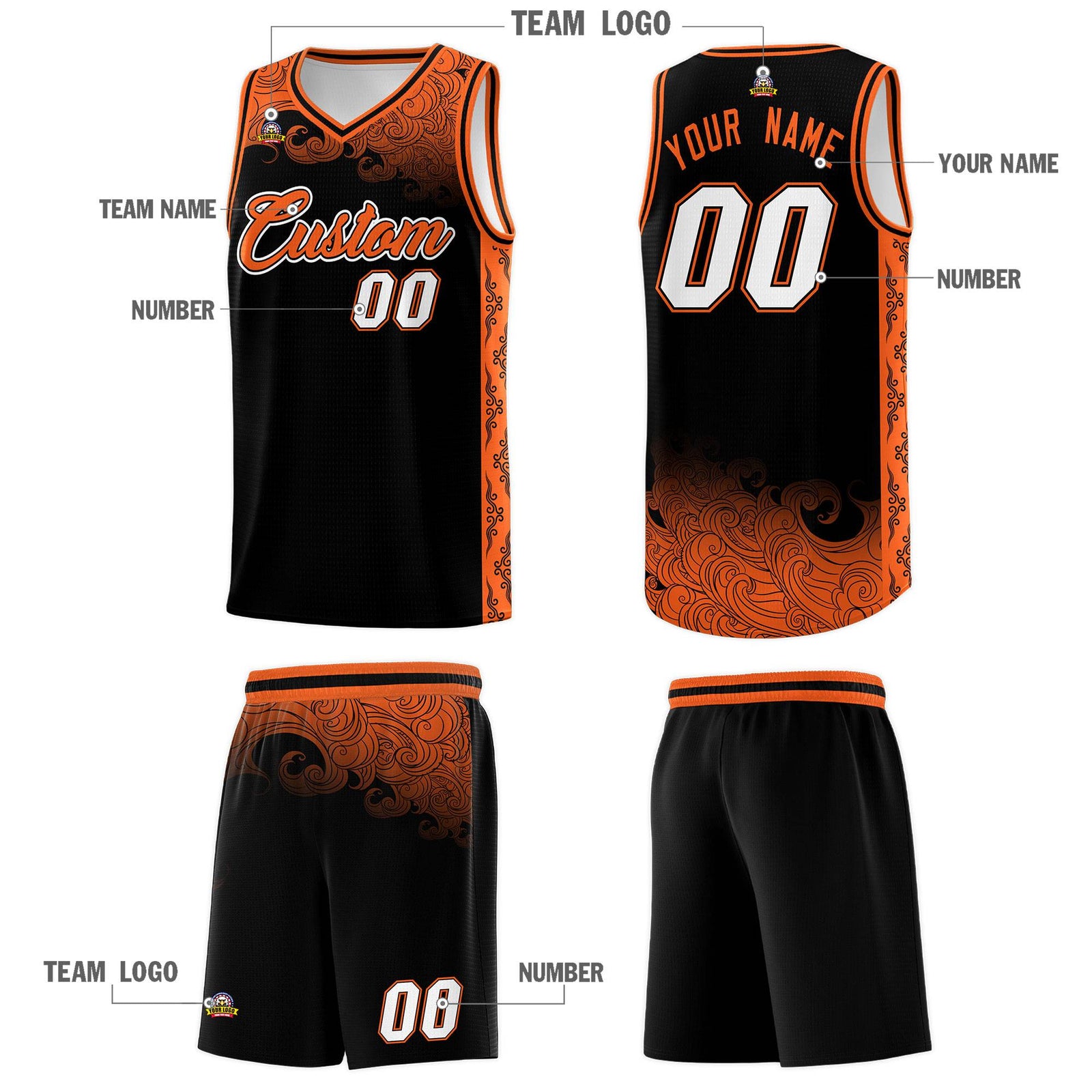 Custom Black Personalized Cloud Pattern Sports Sets Uniform Basketball Jersey