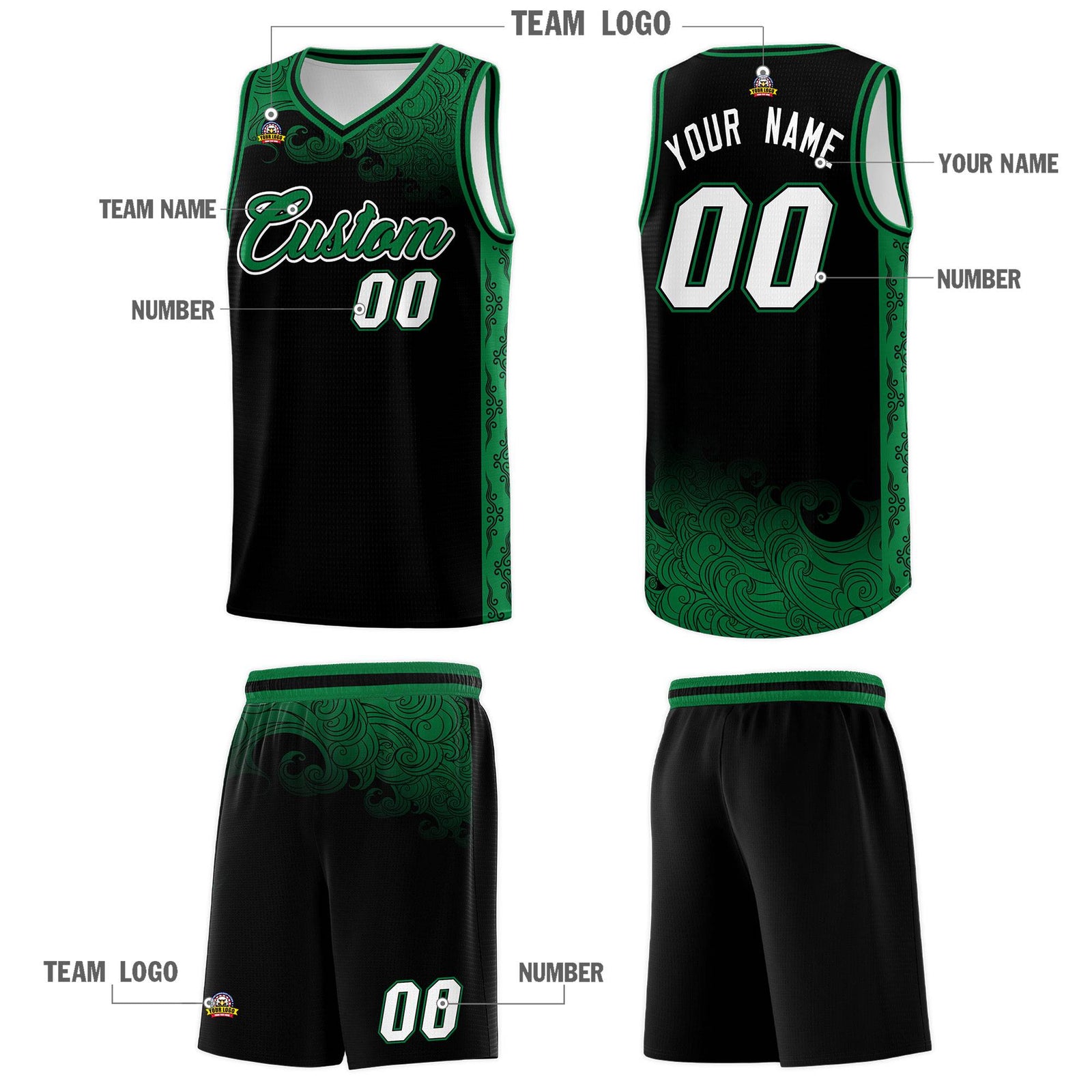 Custom Black Personalized Cloud Pattern Sports Sets Uniform Basketball Jersey