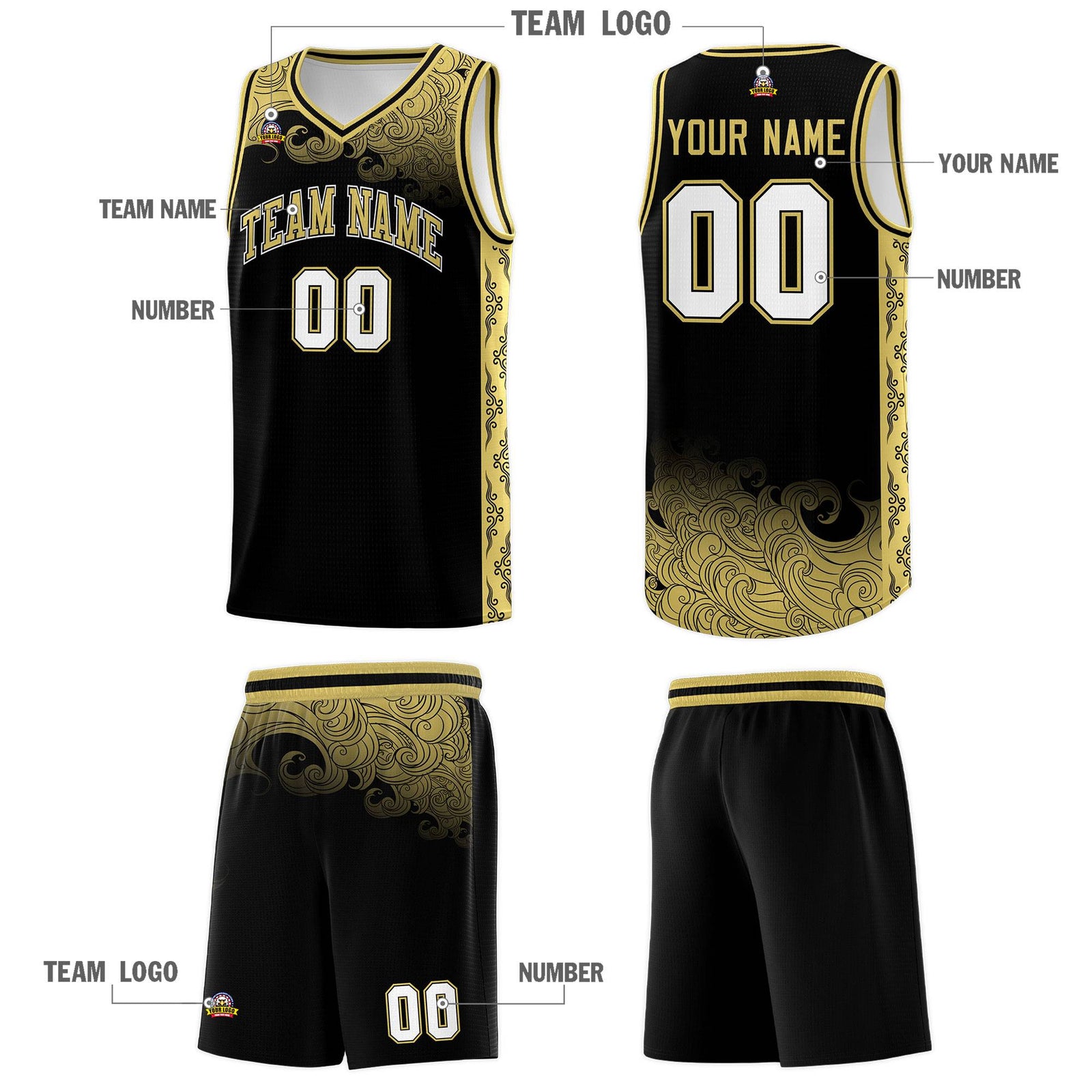 Custom Black Personalized Cloud Pattern Sports Sets Uniform Basketball Jersey