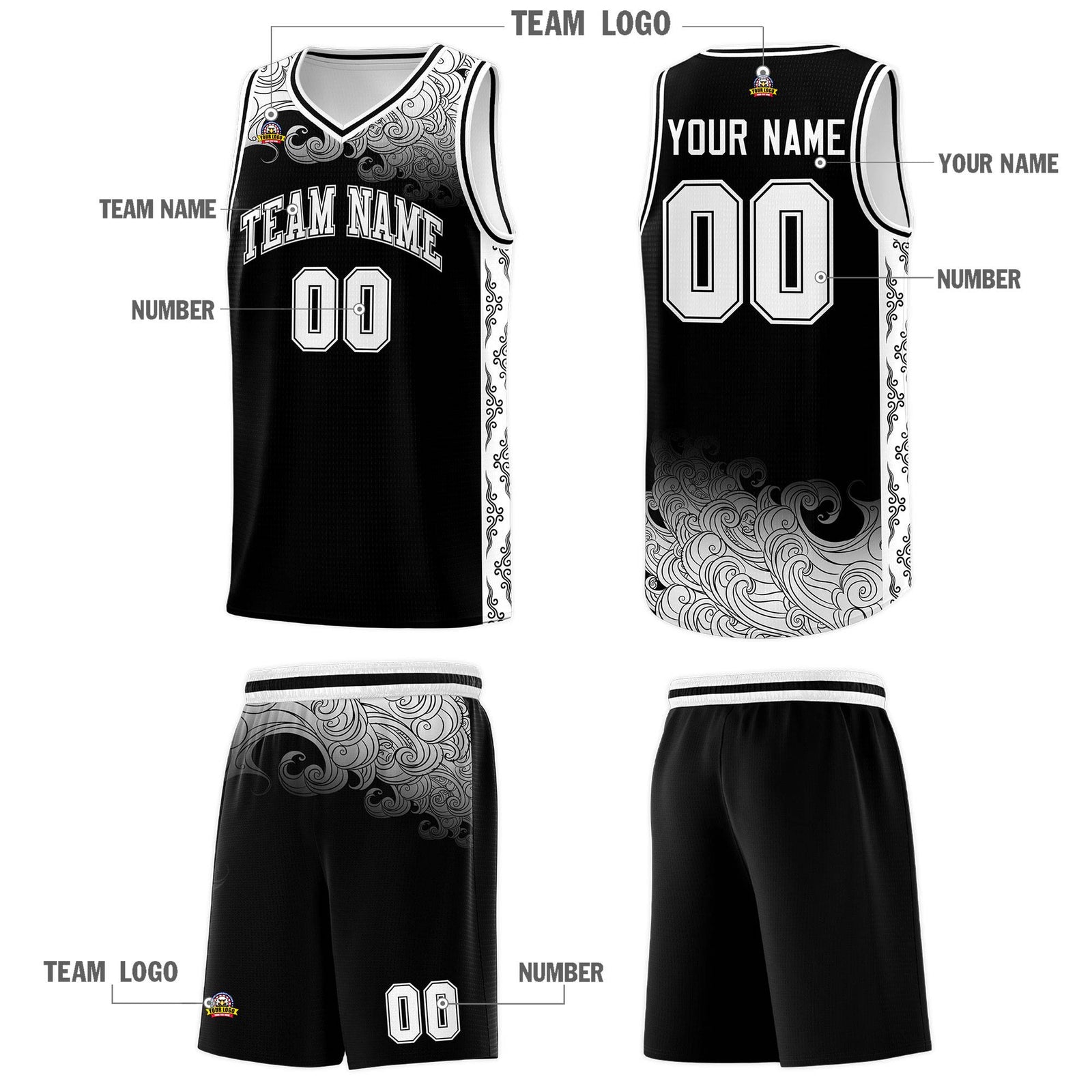 Custom Black Personalized Cloud Pattern Sports Sets Uniform Basketball Jersey