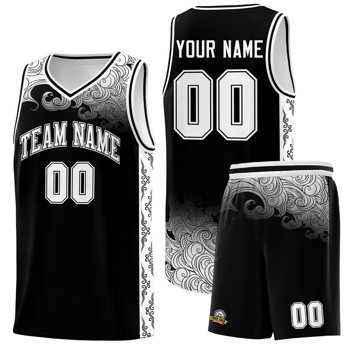 Custom Black Personalized Cloud Pattern Sports Sets Uniform Basketball Jersey