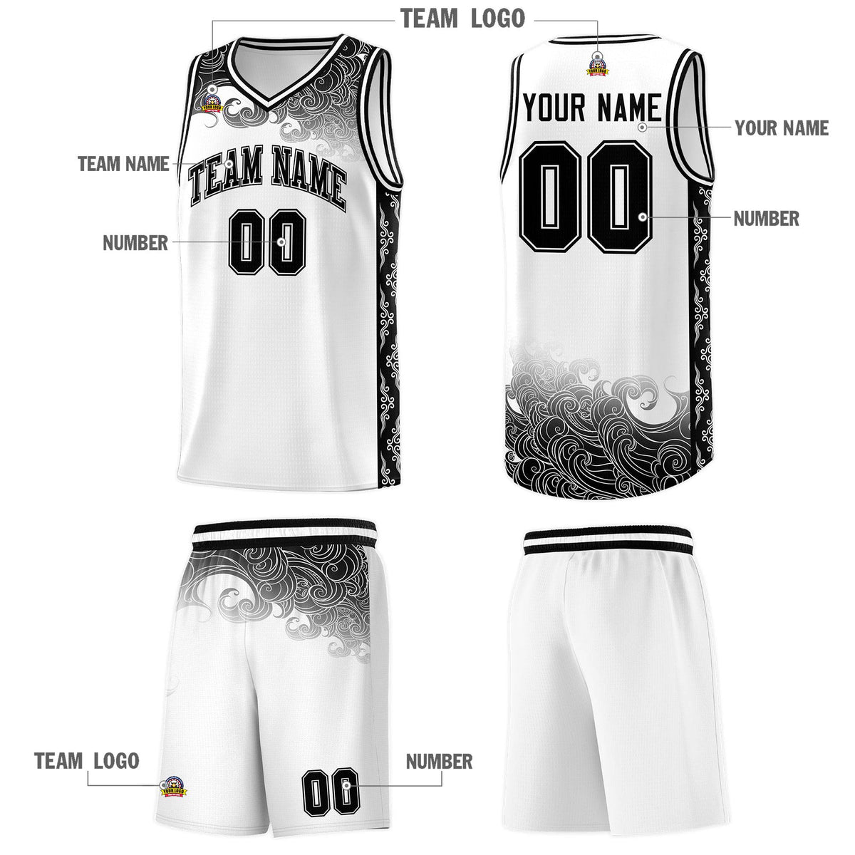 Custom White Personalized Cloud Pattern Sports Sets Uniform Basketball Jersey