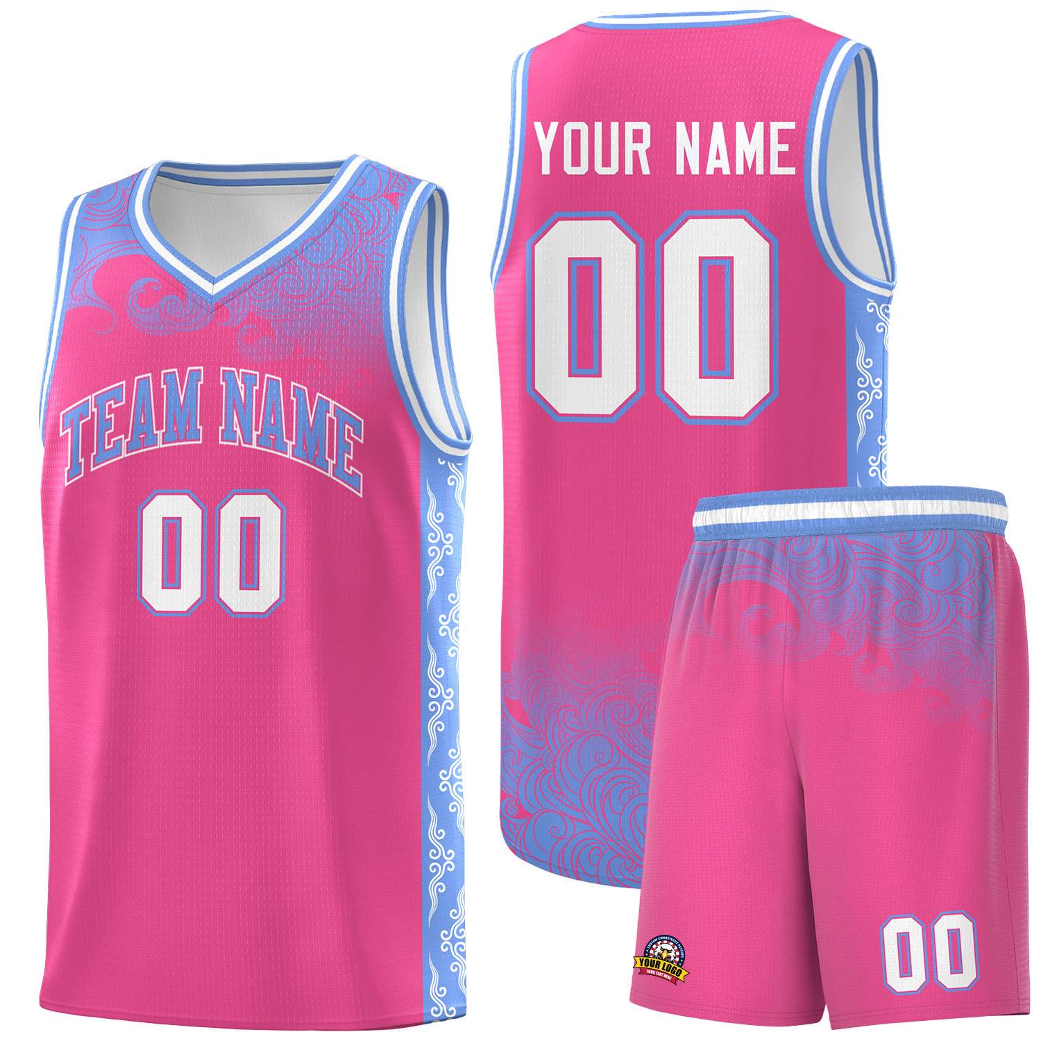 Custom Pink Personalized Cloud Pattern Sports Sets Uniform Basketball Jersey