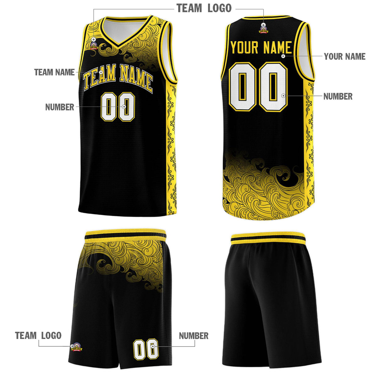 Custom Black Personalized Cloud Pattern Sports Sets Uniform Basketball Jersey