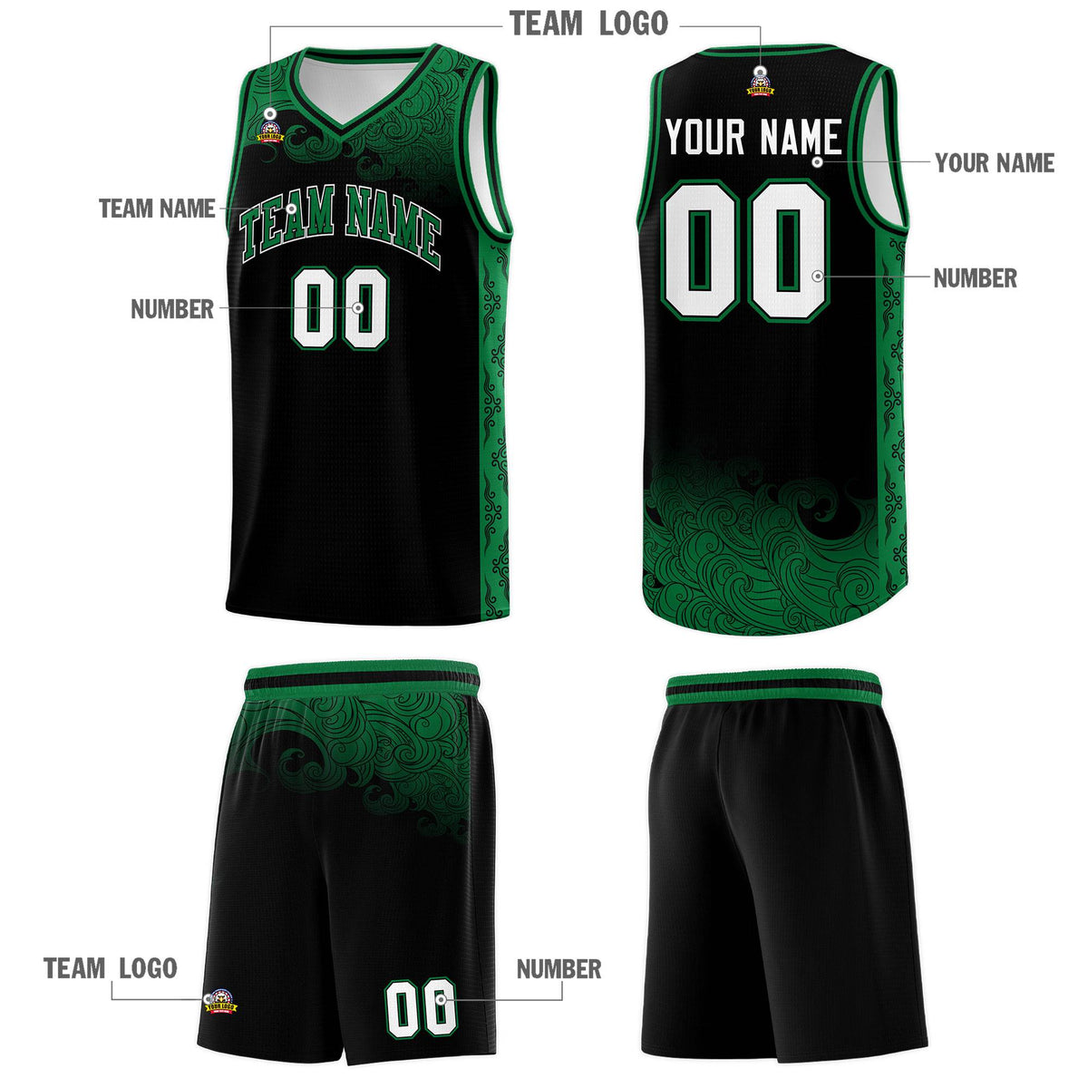 Custom Black Personalized Cloud Pattern Sports Sets Uniform Basketball Jersey