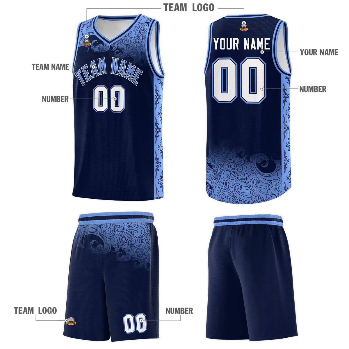 Custom Navy Personalized Cloud Pattern Sports Sets Uniform Basketball Jersey