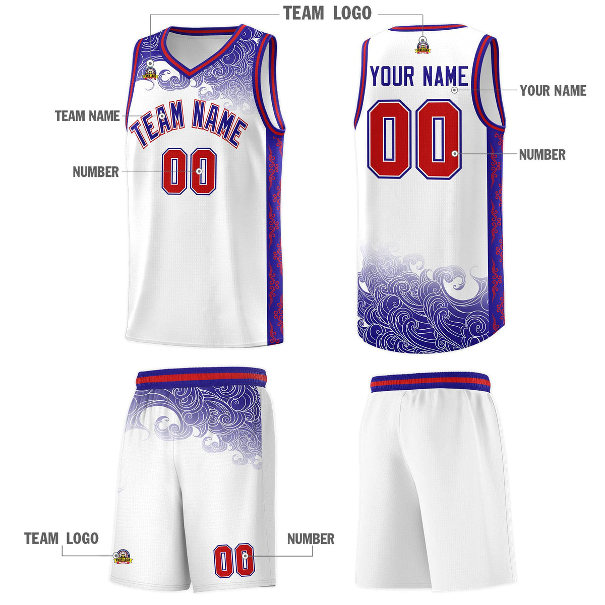 Custom White Personalized Cloud Pattern Sports Sets Uniform Basketball Jersey