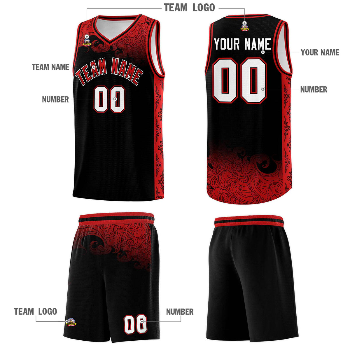 Custom Black Personalized Cloud Pattern Sports Sets Uniform Basketball Jersey