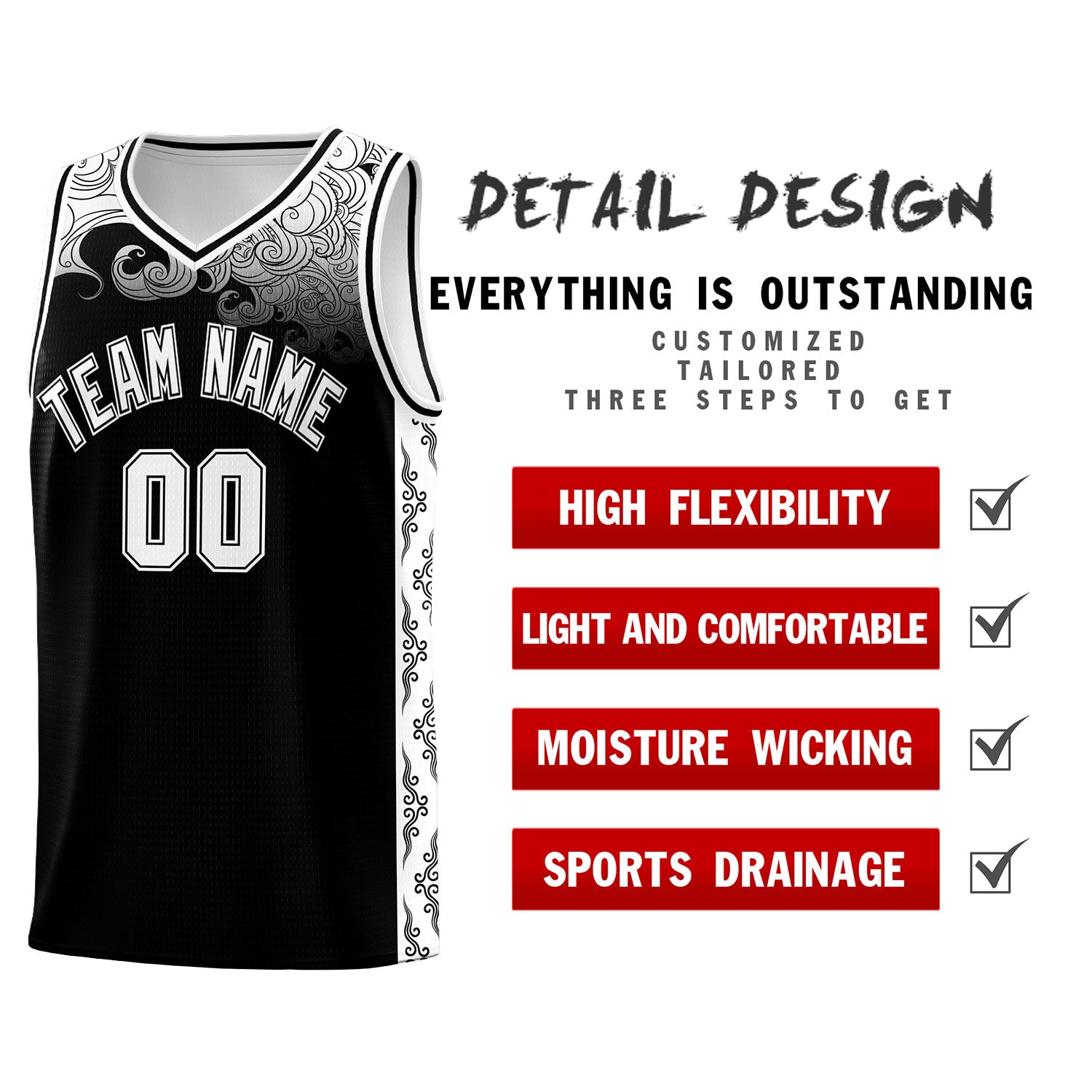 Custom Black Personalized Cloud Pattern Sports Sets Uniform Basketball Jersey