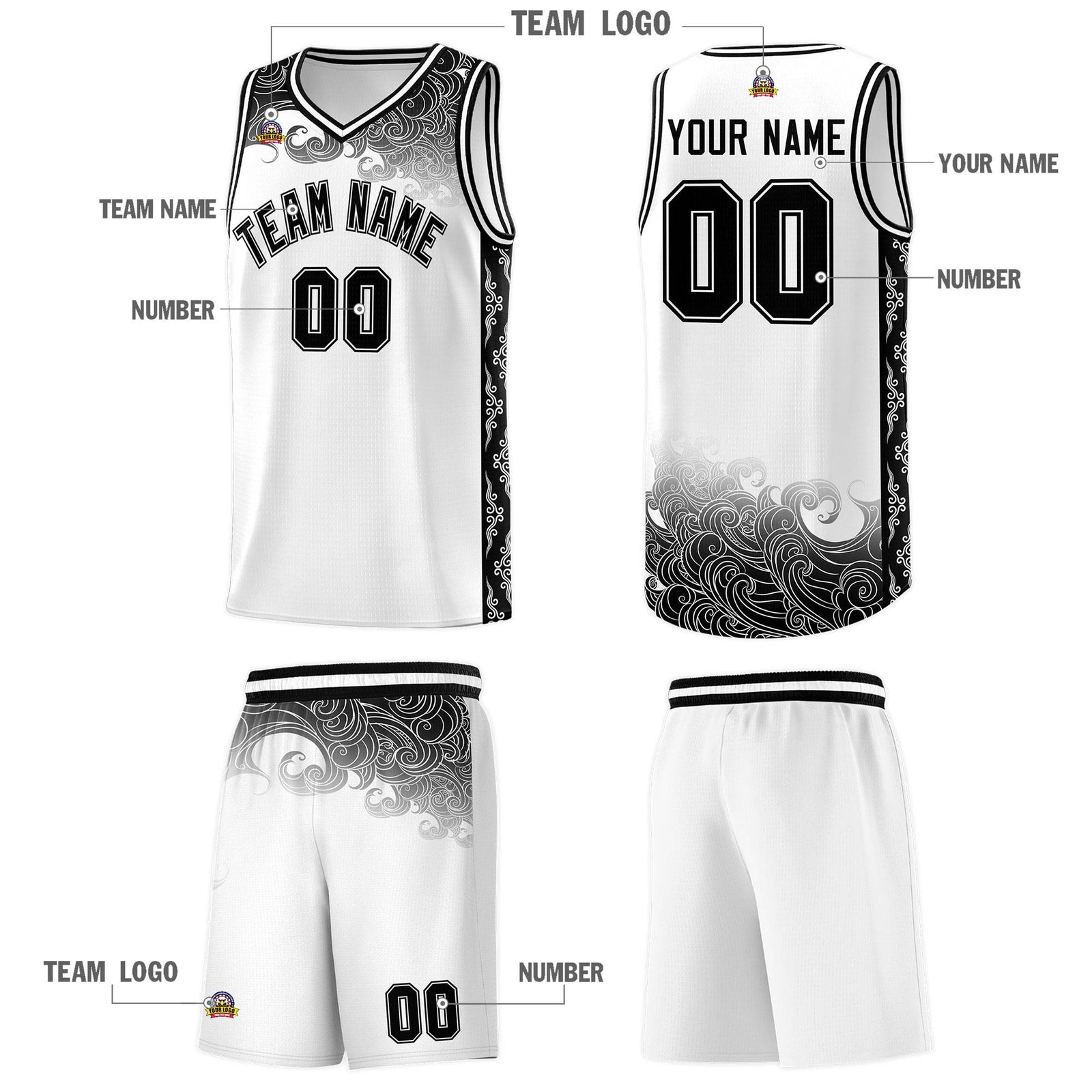 Custom White Personalized Cloud Pattern Sports Sets Uniform Basketball Jersey