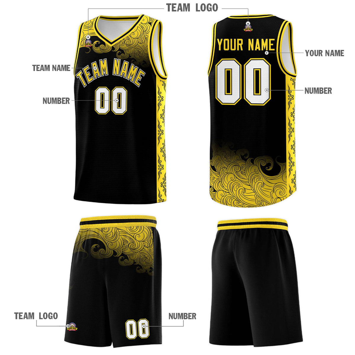 Custom Black Personalized Cloud Pattern Sports Sets Uniform Basketball Jersey