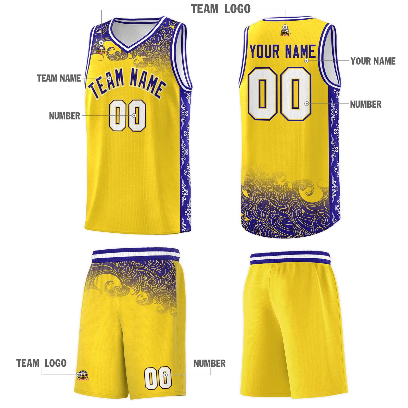 Custom Gold Personalized Cloud Pattern Sports Sets Uniform Basketball Jersey