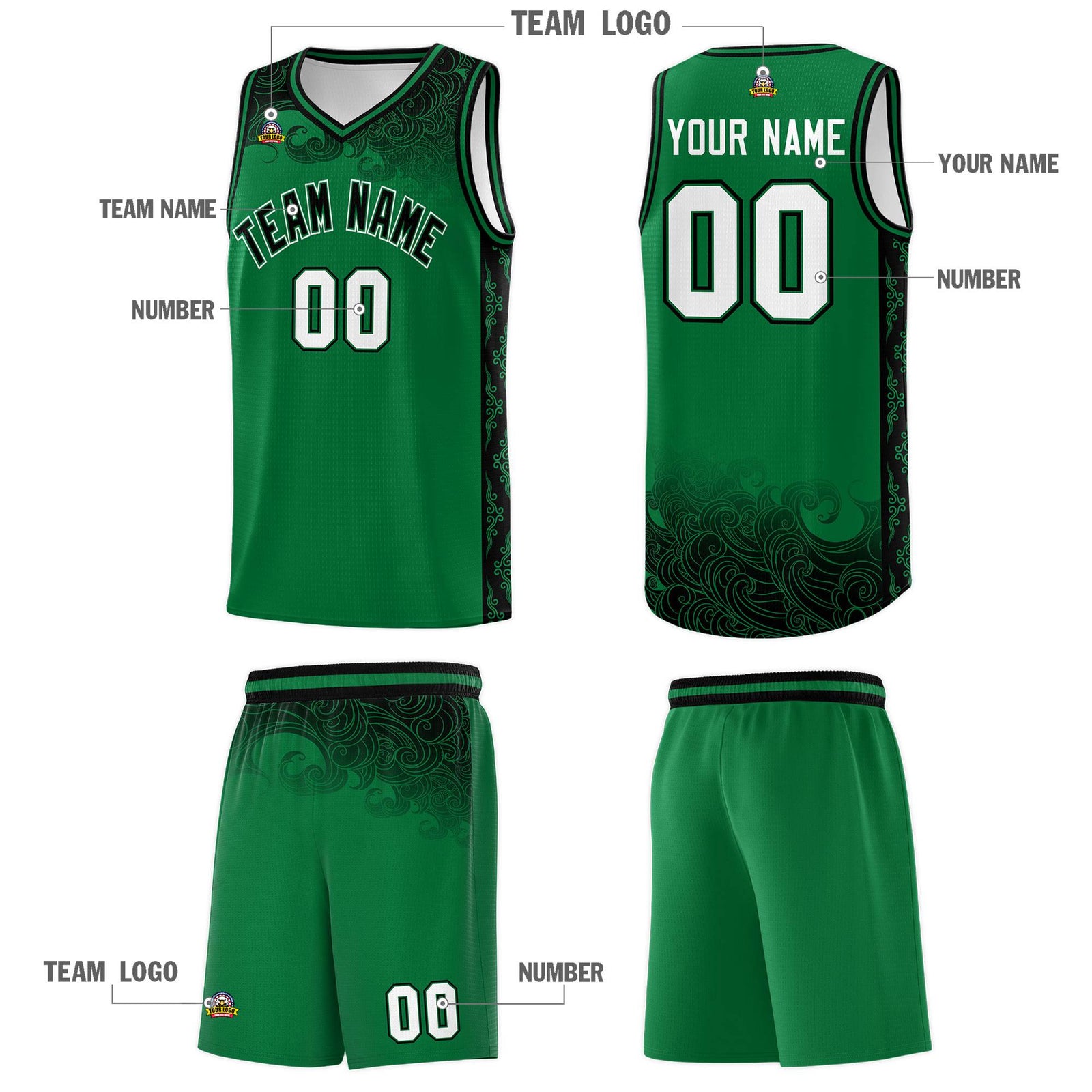 Custom Kelly Green Personalized Cloud Pattern Sports Sets Uniform Basketball Jersey