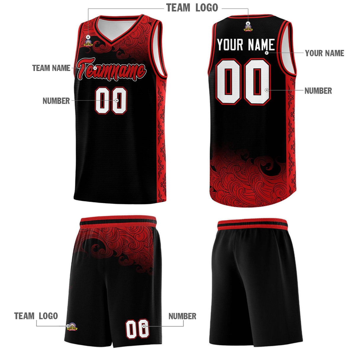 Custom Black Personalized Cloud Pattern Sports Sets Uniform Basketball Jersey