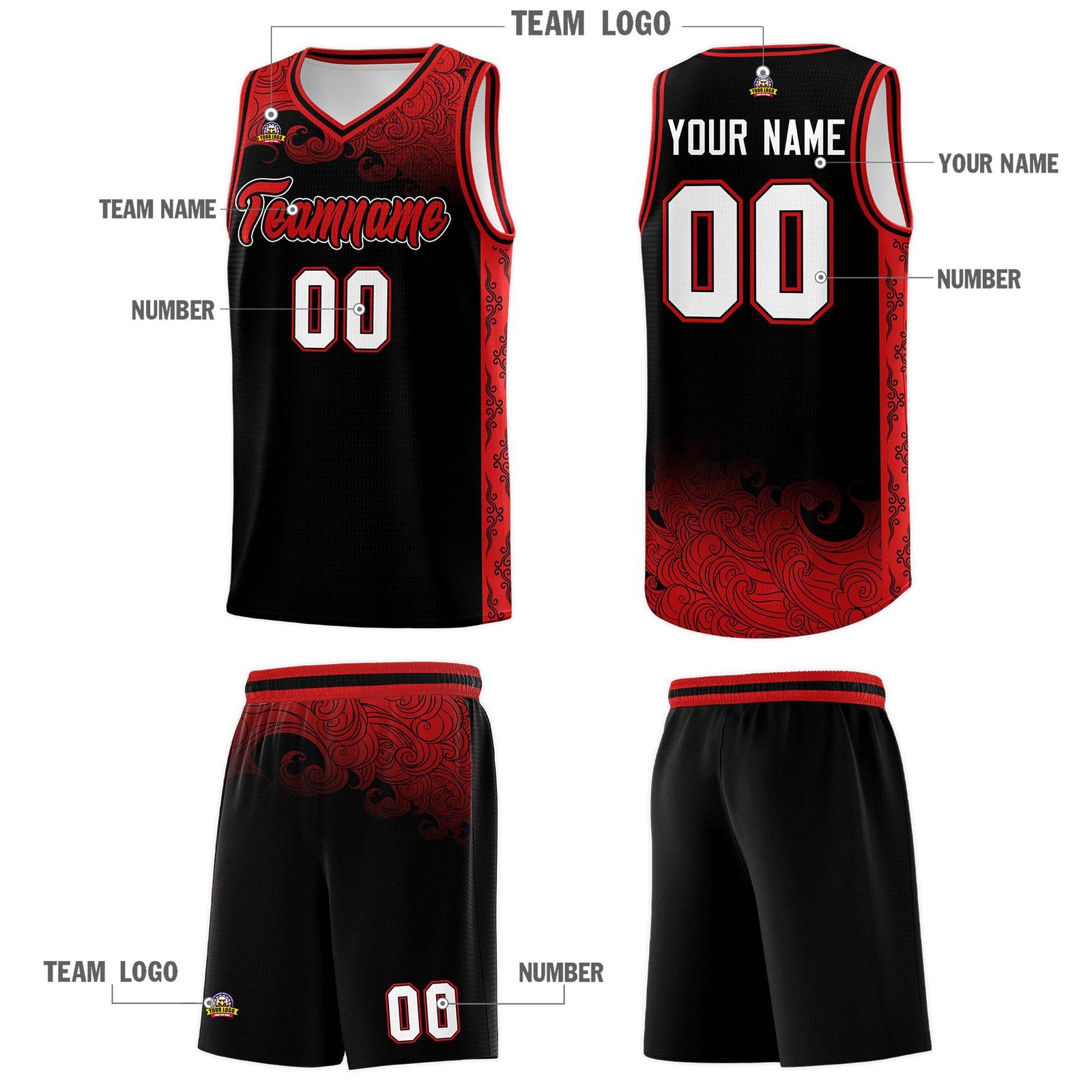 Custom Black Personalized Cloud Pattern Sports Sets Uniform Basketball Jersey