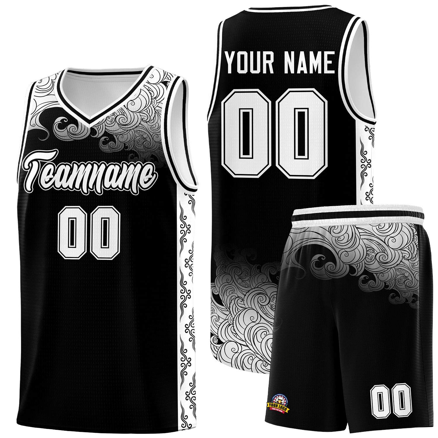 Custom Black Personalized Cloud Pattern Sports Sets Uniform Basketball Jersey