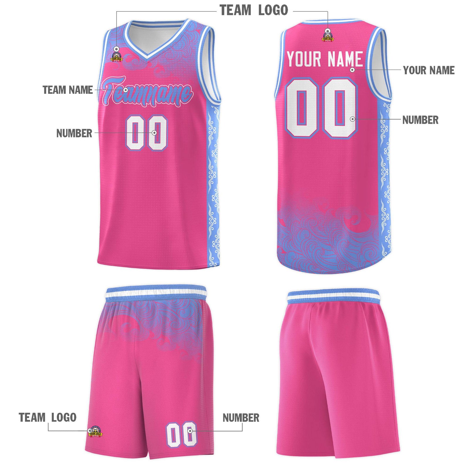 Custom Pink Personalized Cloud Pattern Sports Sets Uniform Basketball Jersey
