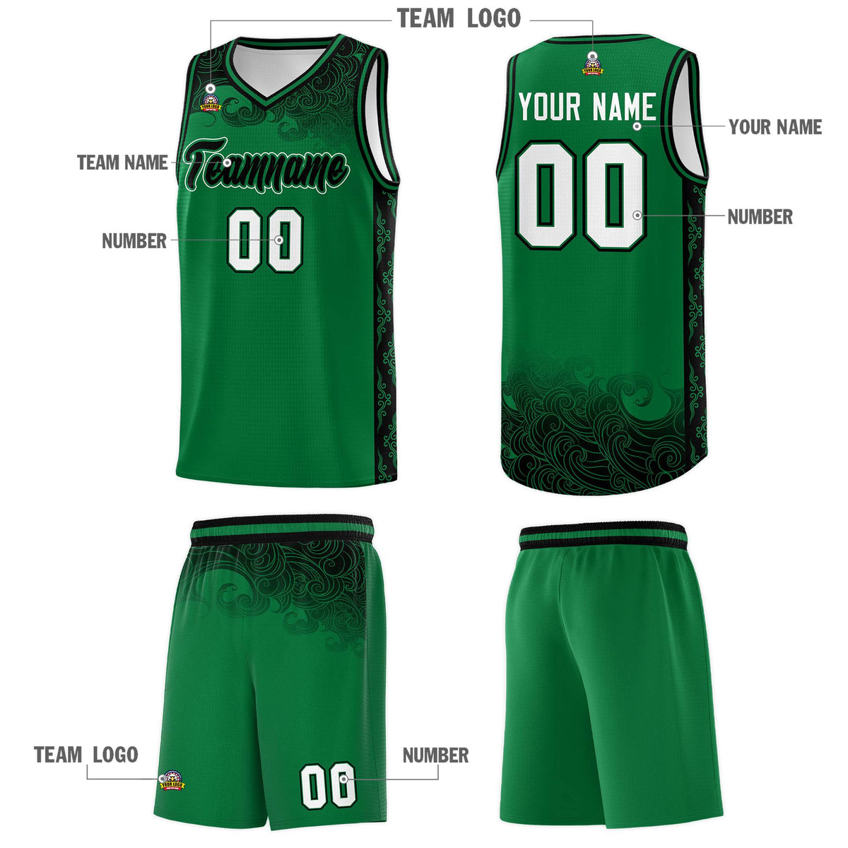 Custom Kelly Green Personalized Cloud Pattern Sports Sets Uniform Basketball Jersey