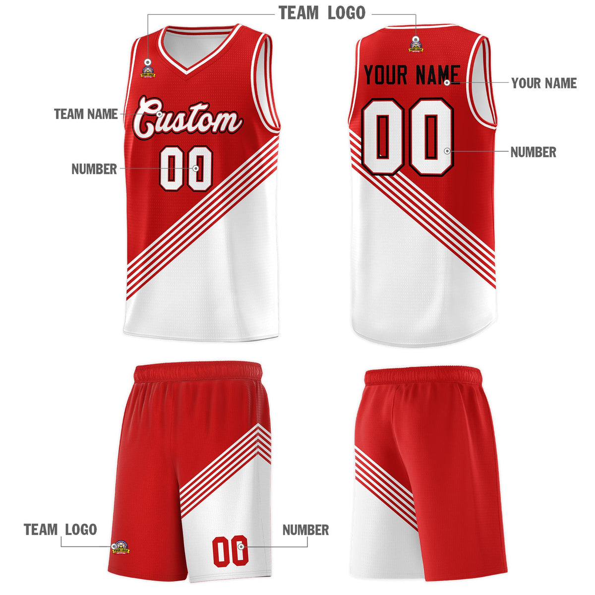 Custom Red White Diagonal Stripes Color Block Sets Basketball Jersey | For Men,For Youth,Sublimation Printed,Perfect for Training,Perfect for Teams | KXKSHOP