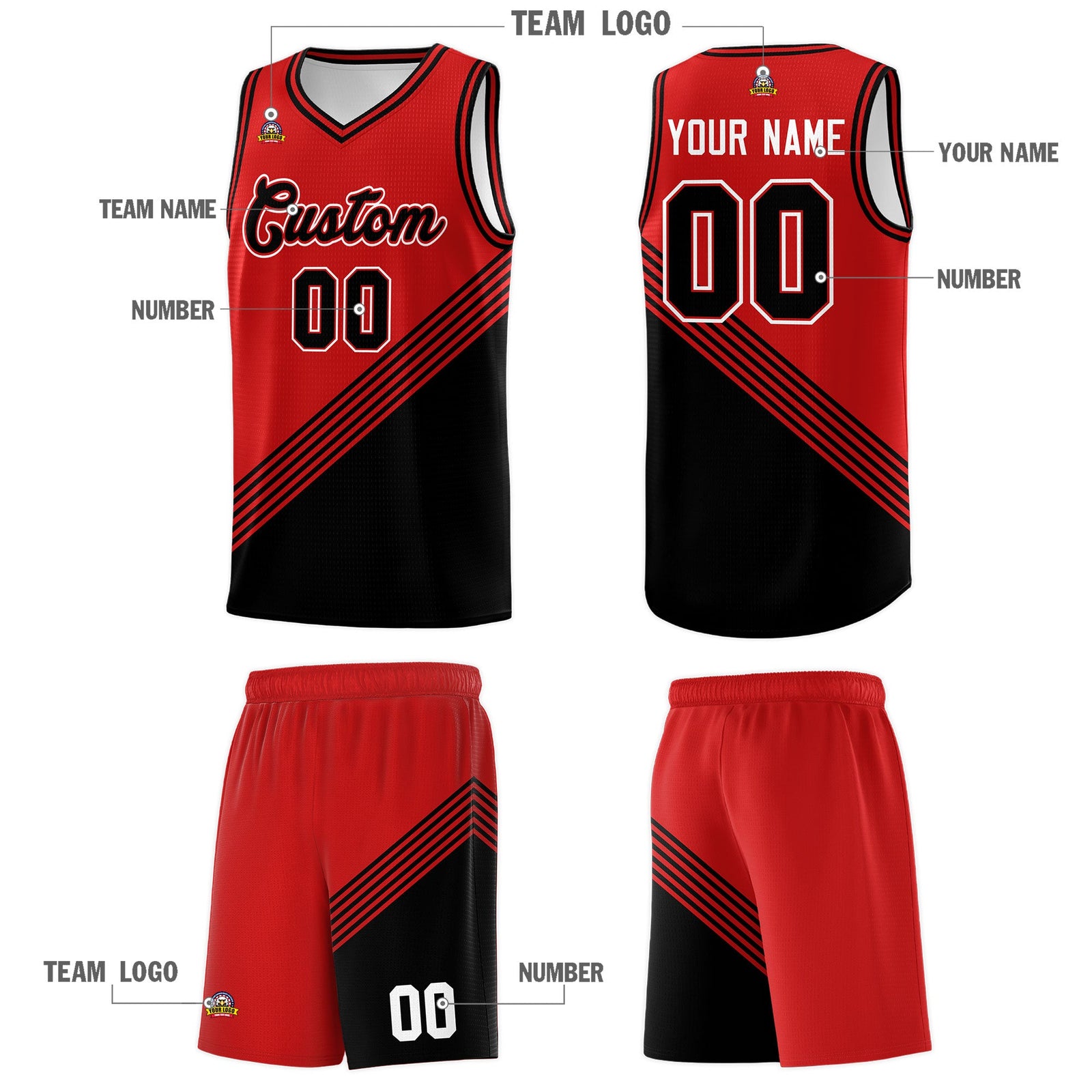 Custom Red Black Diagonal Stripes Color Block Sets Basketball Jersey | For Men,For Youth,Sublimation Printed,Perfect for Training,Perfect for Teams | KXKSHOP