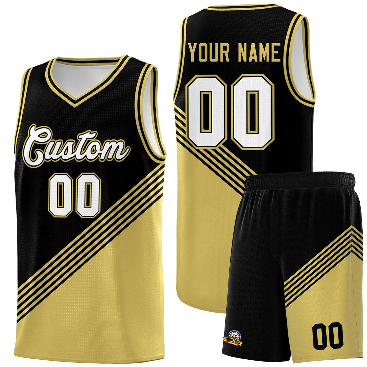 Custom Black Old Gold Diagonal Stripes Color Block Sets Basketball Jersey | For Men,For Youth,Sublimation Printed,Perfect for Training,Perfect for Teams | KXKSHOP