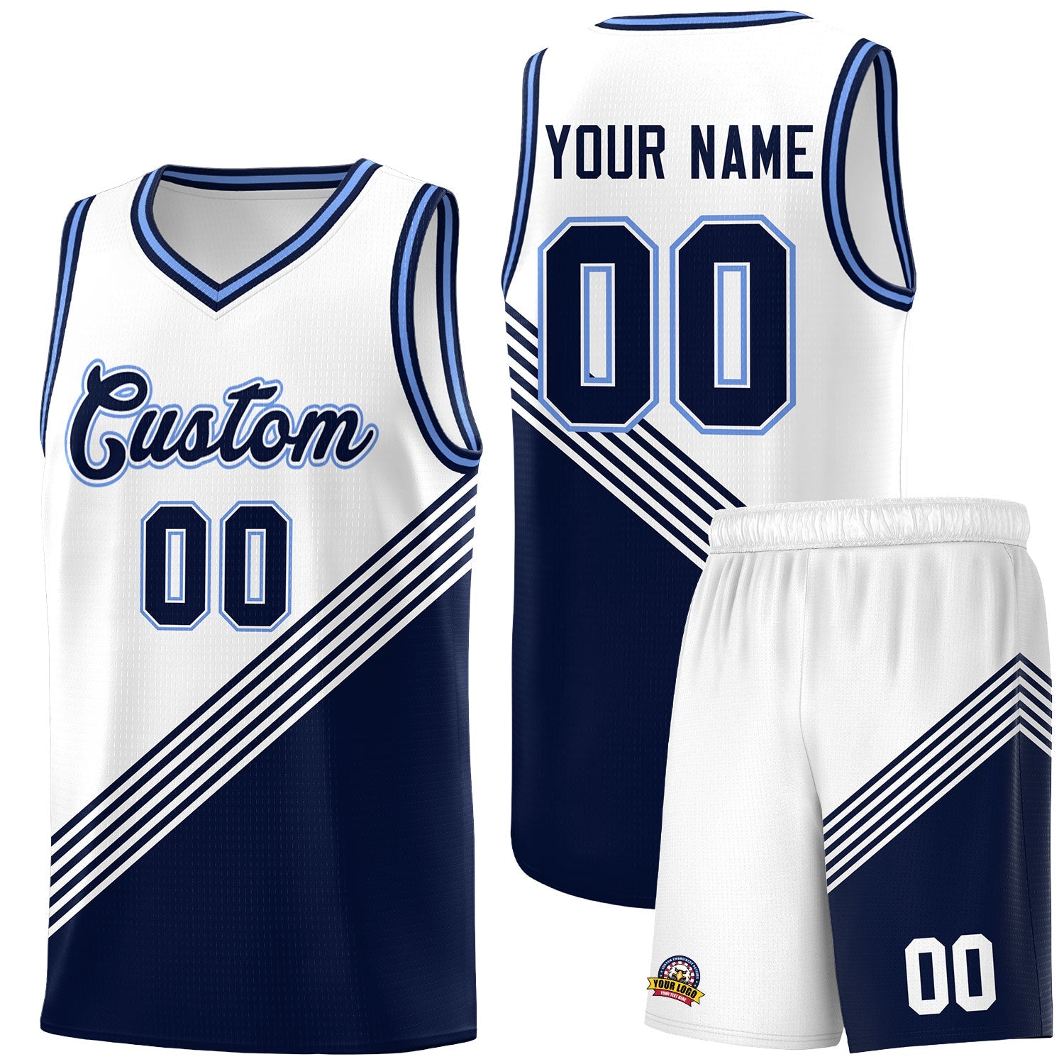 Custom White Navy Light Blue Diagonal Stripes Color Block Sets Basketball Jersey | For Men,For Youth,Sublimation Printed,Perfect for Training,Perfect for Teams | KXKSHOP