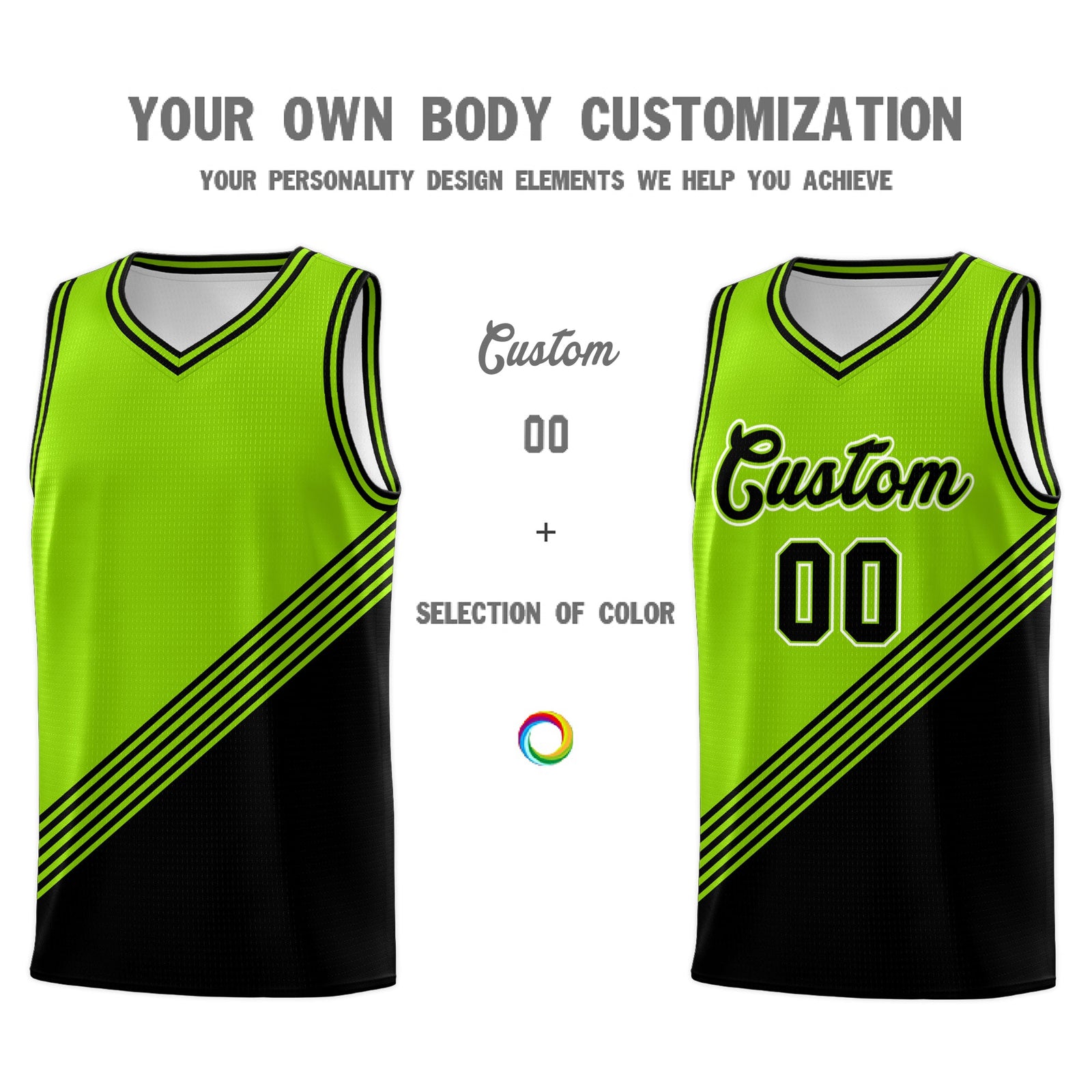 Custom Neon Green Black Diagonal Stripes Color Block Sets Basketball Jersey | For Men,For Youth,Sublimation Printed,Perfect for Training,Perfect for Teams | KXKSHOP