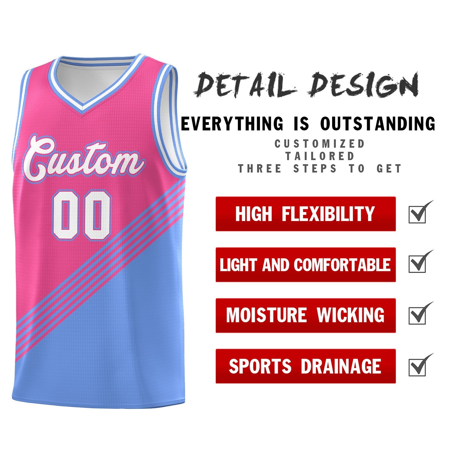 Custom Pink Light Blue White Diagonal Stripes Color Block Sets Basketball Jersey | For Men,For Youth,Sublimation Printed,Perfect for Training,Perfect for Teams | KXKSHOP