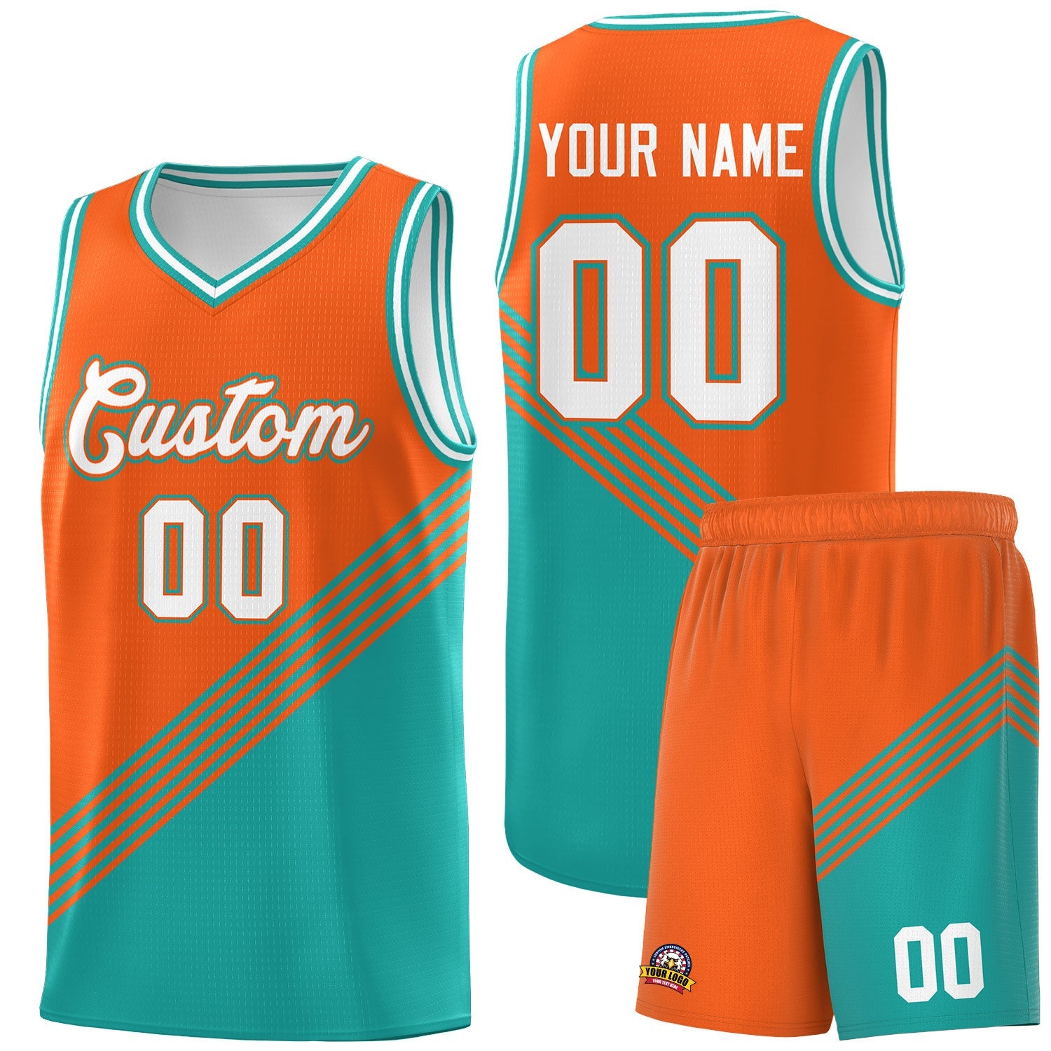 Custom Orange Aqua White Diagonal Stripes Color Block Sets Basketball Jersey | For Men,For Youth,Sublimation Printed,Perfect for Training,Perfect for Teams | KXKSHOP